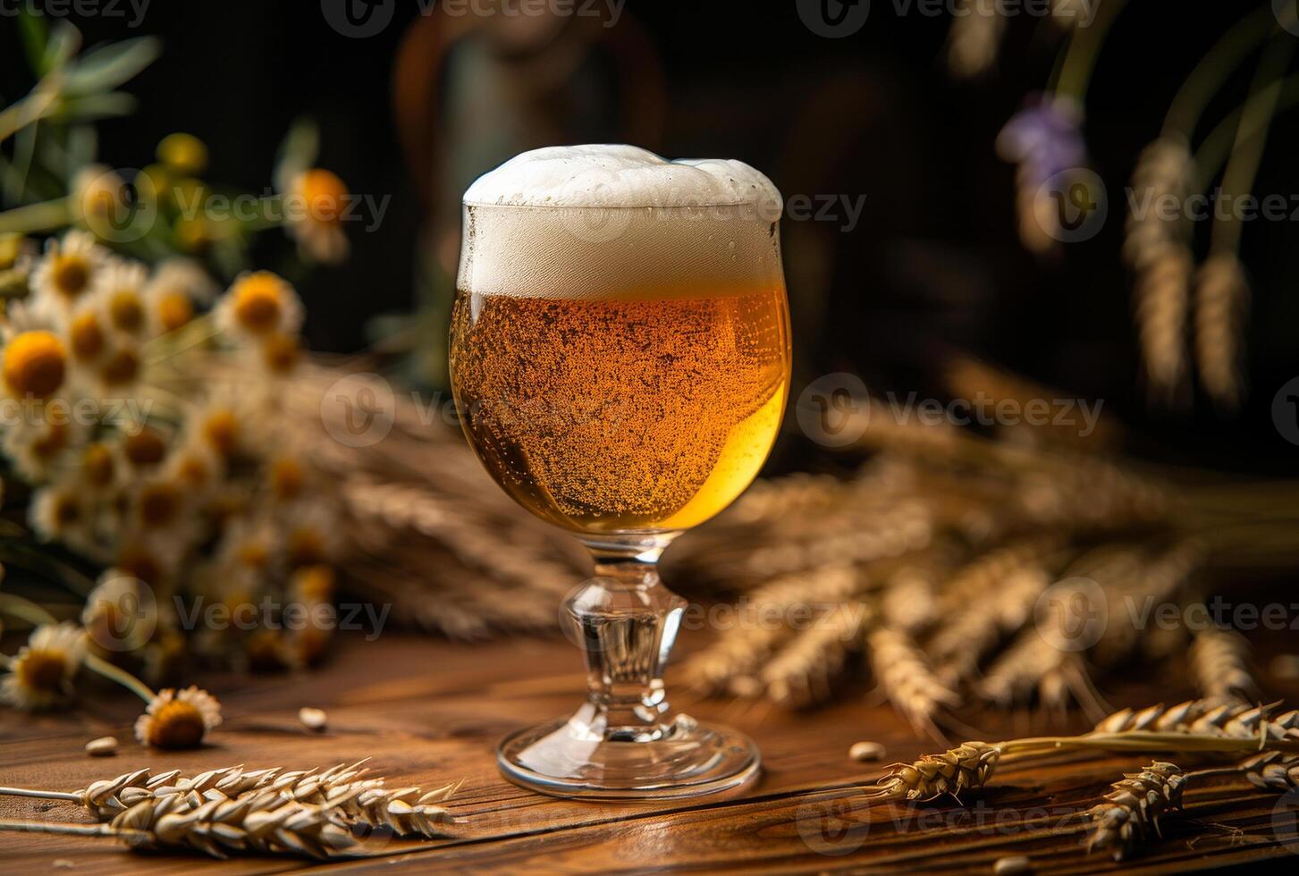 ai generiert Glas von kalt Licht Bier mit Schaum auf das hölzern Tabelle foto
