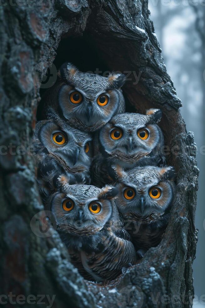 ai generiert Familie von Eulen. ein Gruppe von süß Eulen ist Sitzung Innerhalb ein Baum foto