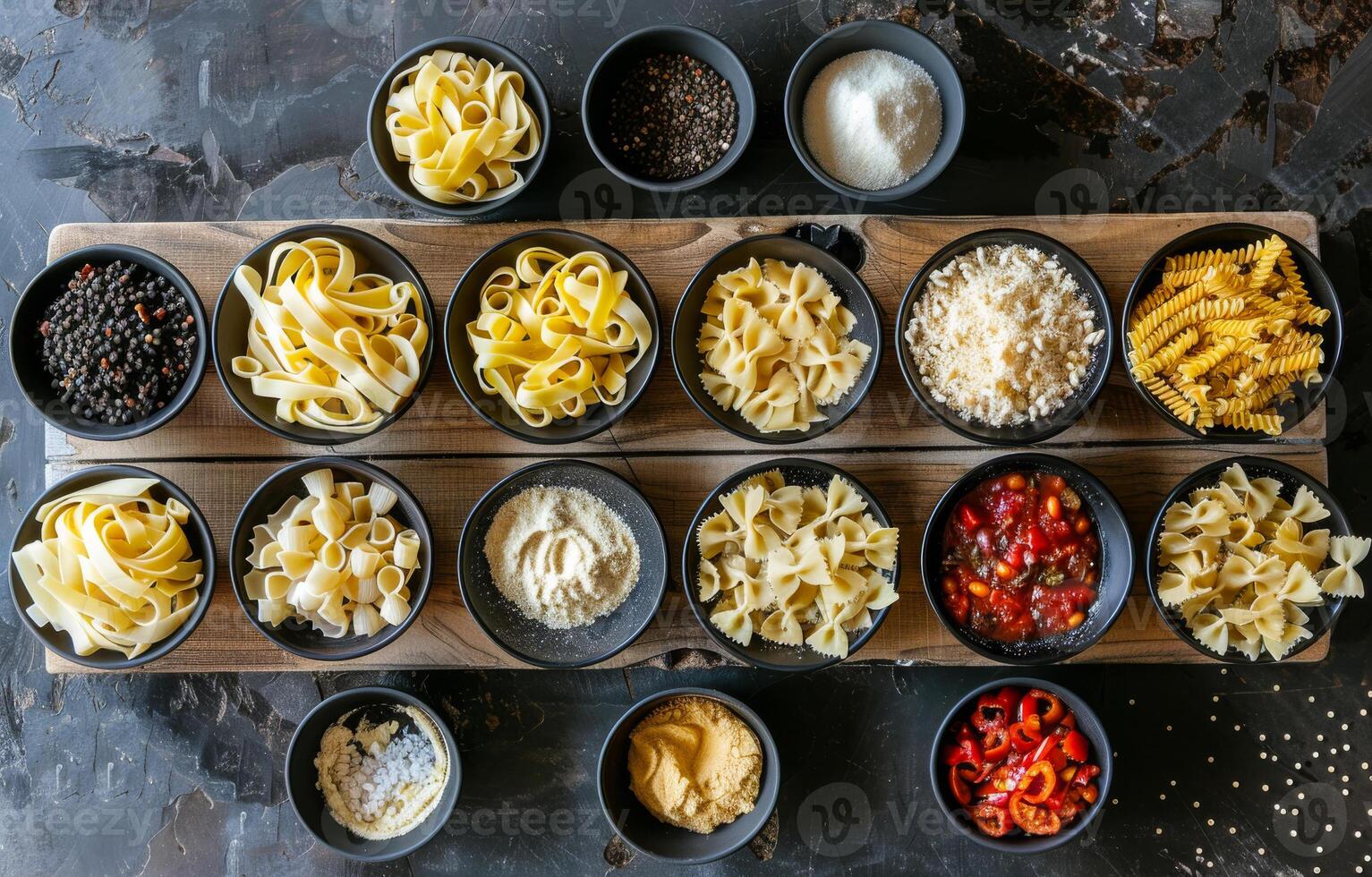 ai generiert anders Arten von Pasta im Schalen auf hölzern Tafel foto