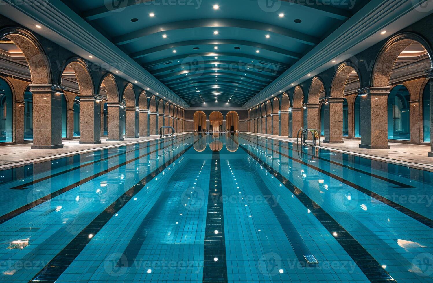 ai generiert Innen- Schwimmen Schwimmbad mit Säulen und Bögen im Spa Hotel foto