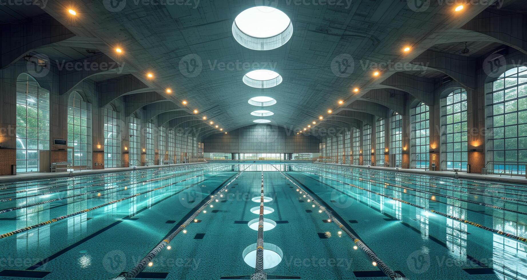 ai generiert Schwimmen Schwimmbad mit hoch Decke. Wasser- Center adv Wasser Verwaltung foto