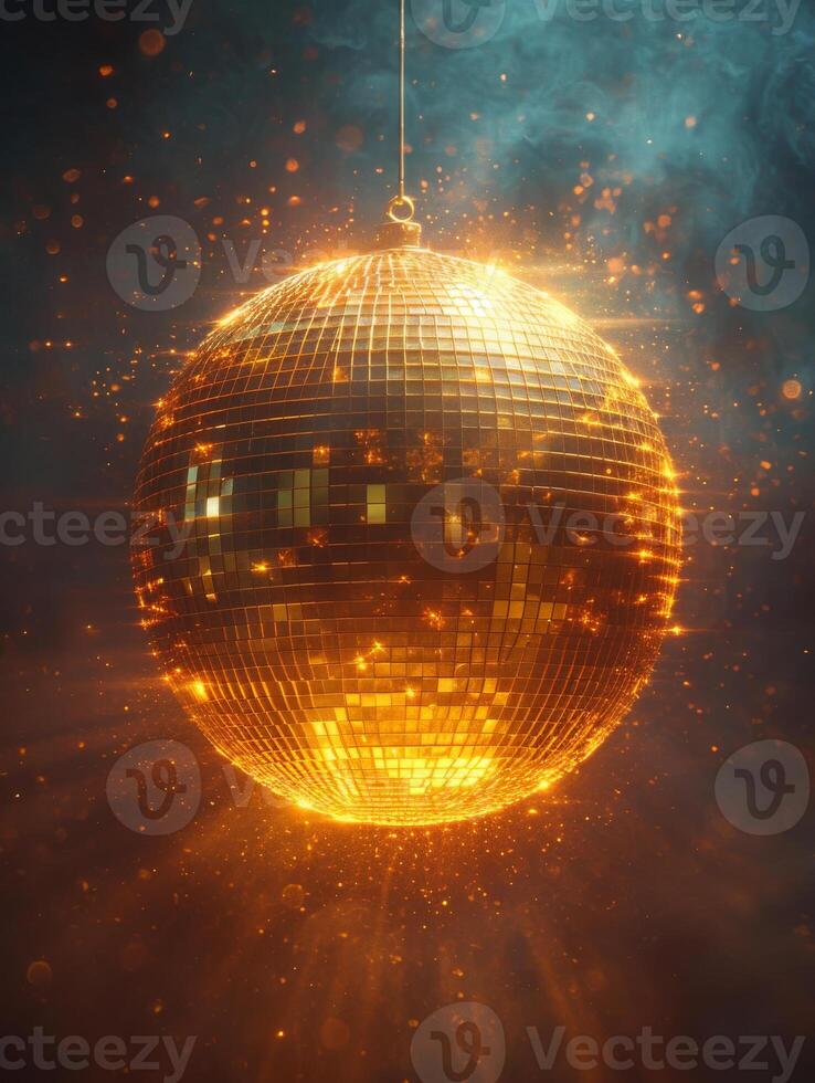 ai generiert golden Disko Ball und Menge von klein Beleuchtung. ein Disko Ball leuchten im das Hintergrund mit Scheinwerfer foto