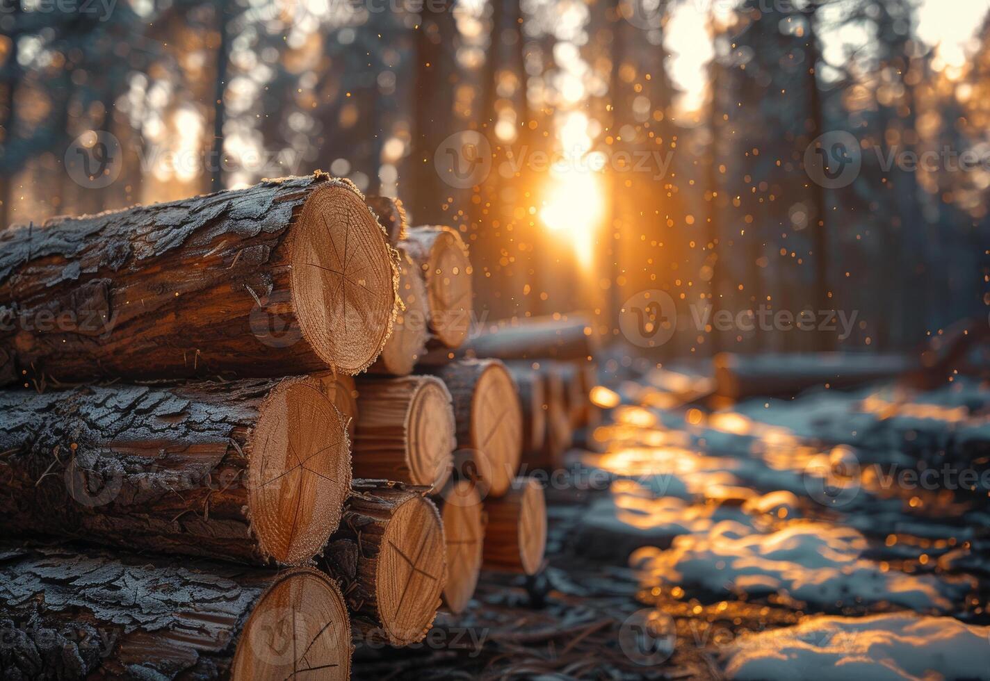 ai generiert Protokolle im das Wald beim Sonnenuntergang. ein Stapel von Schnitt Bäume im das Wald mit ein App Symbol Overlay foto