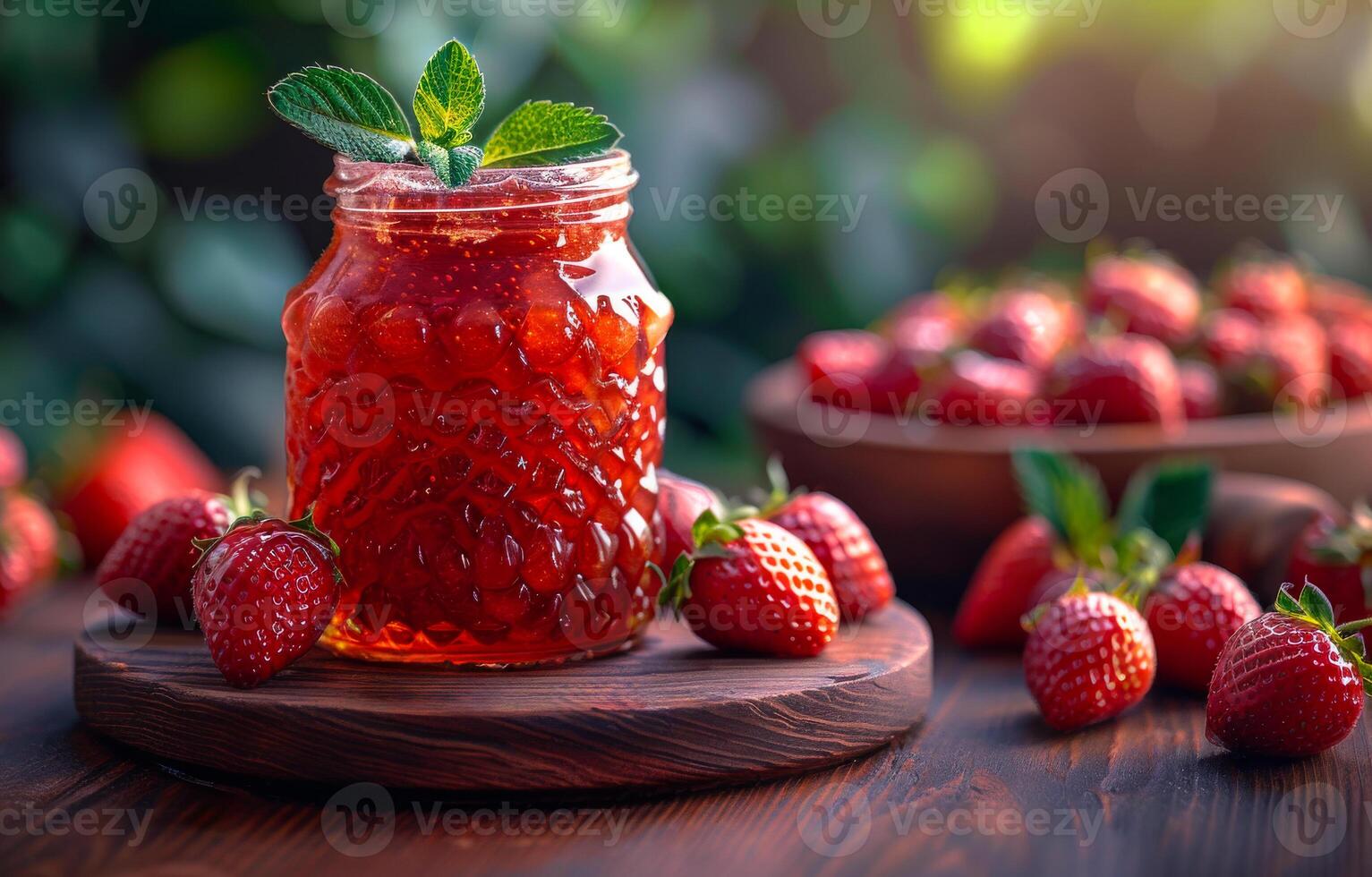 ai generiert Erdbeere Marmelade im Glas Krug und frisch Erdbeeren auf hölzern Tabelle foto