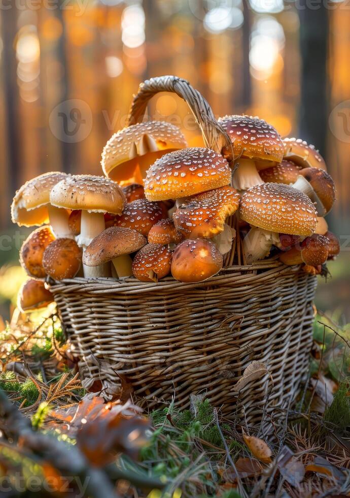 ai generiert Pilze im Korb im das Herbst Wald foto