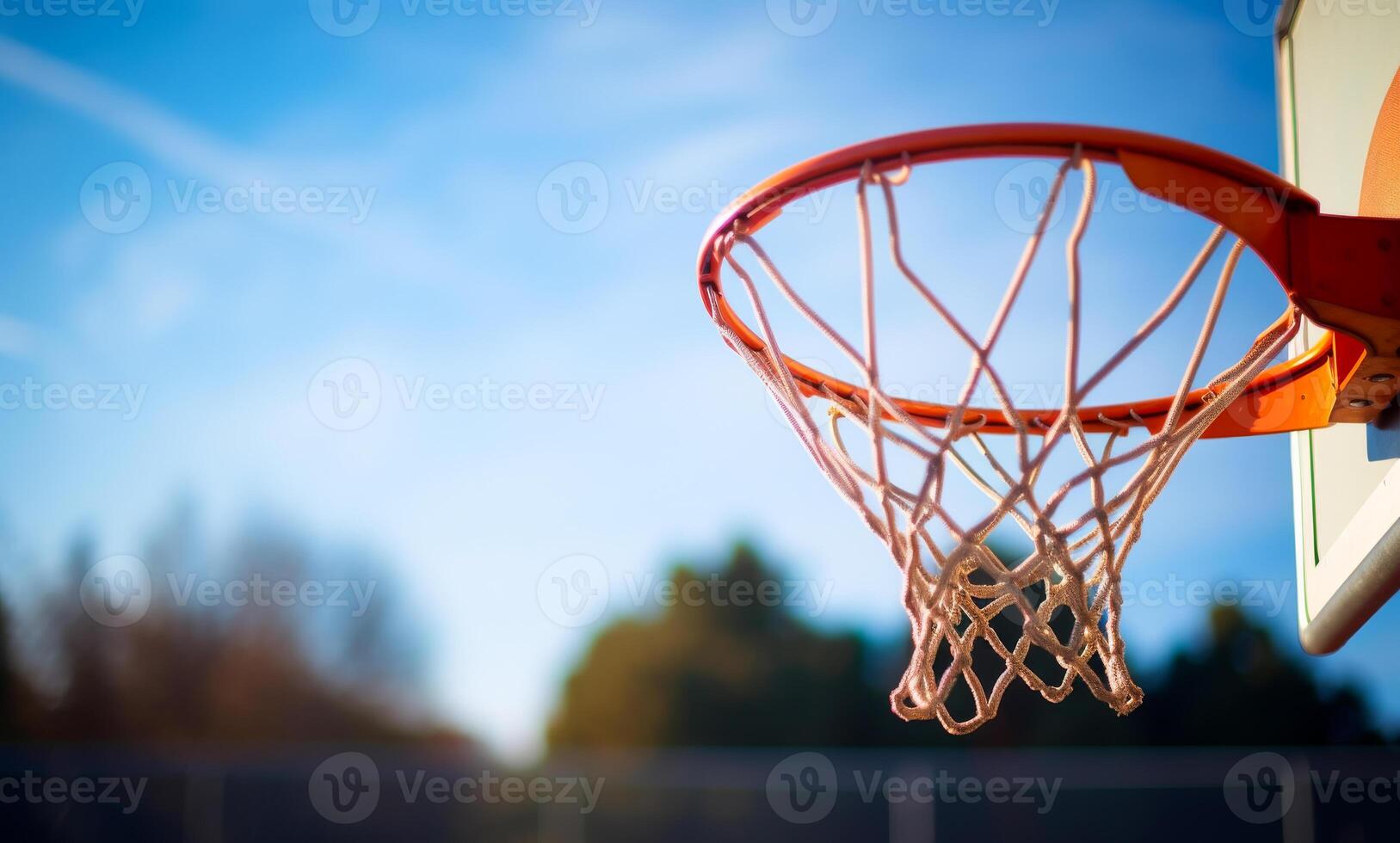 ai generiert Basketball Band und Netz mit Blau Himmel im das Hintergrund foto