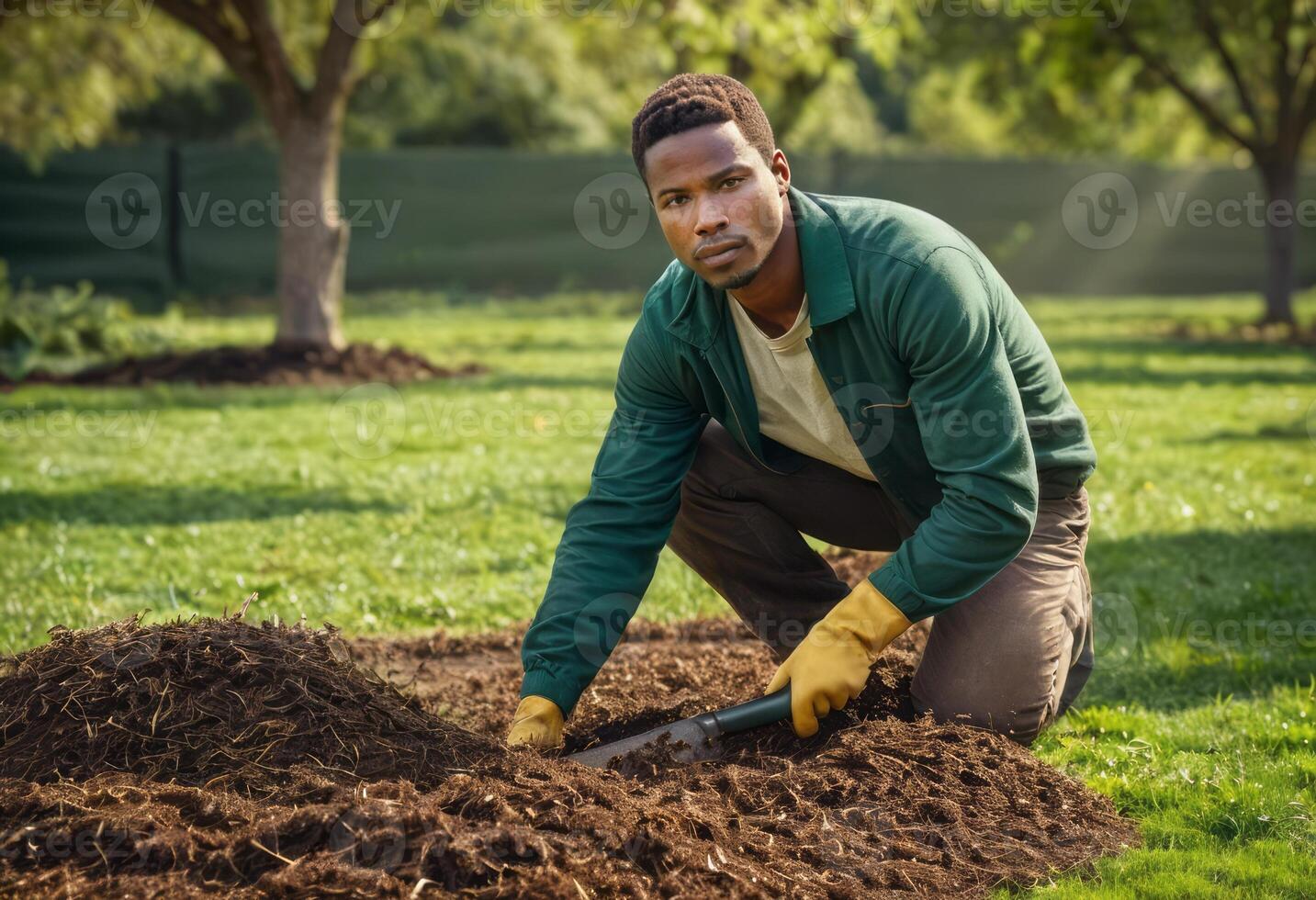 ai generiert ein Mann kniet zu Pflanze im Reich Garten Boden, einnehmend im nachhaltig Gartenarbeit Praktiken Methoden Ausübungen. foto