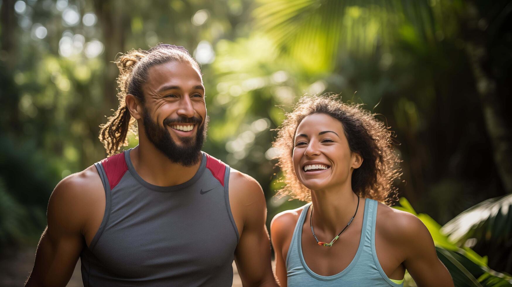 ai generiert ein glücklich Paar von Sportler, gekleidet im sportlich Gang, Laufen zusammen auf ein szenisch Natur Weg umgeben durch üppig Grün und hoch aufragend Bäume, Sonnenlicht Filtern durch das Laub, foto