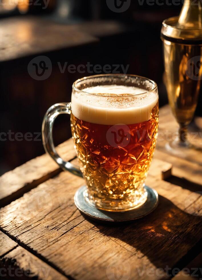 ai generiert Becher von Bier auf ein hölzern Tabelle im ein Kneipe oder Bar. ai generativ foto