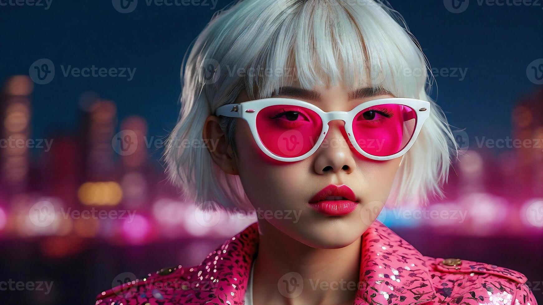 ai generiert zärtlich asiatisch Mädchen mit Neon- Sonnenbrille foto