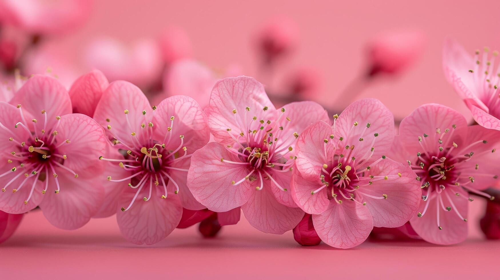 ai generiert Ast mit Rosa Blumen auf Rosa Hintergrund foto