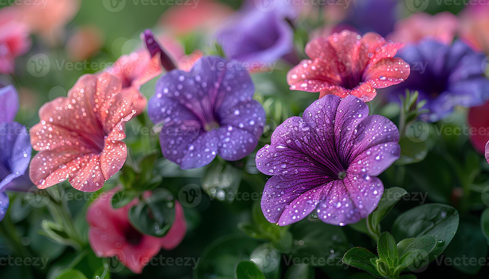 ai generiert Petunie Blumen im ein Garten. Rosa und lila Blumen Blühen während Sommer- Zeit im Natur. Petunie Blume foto