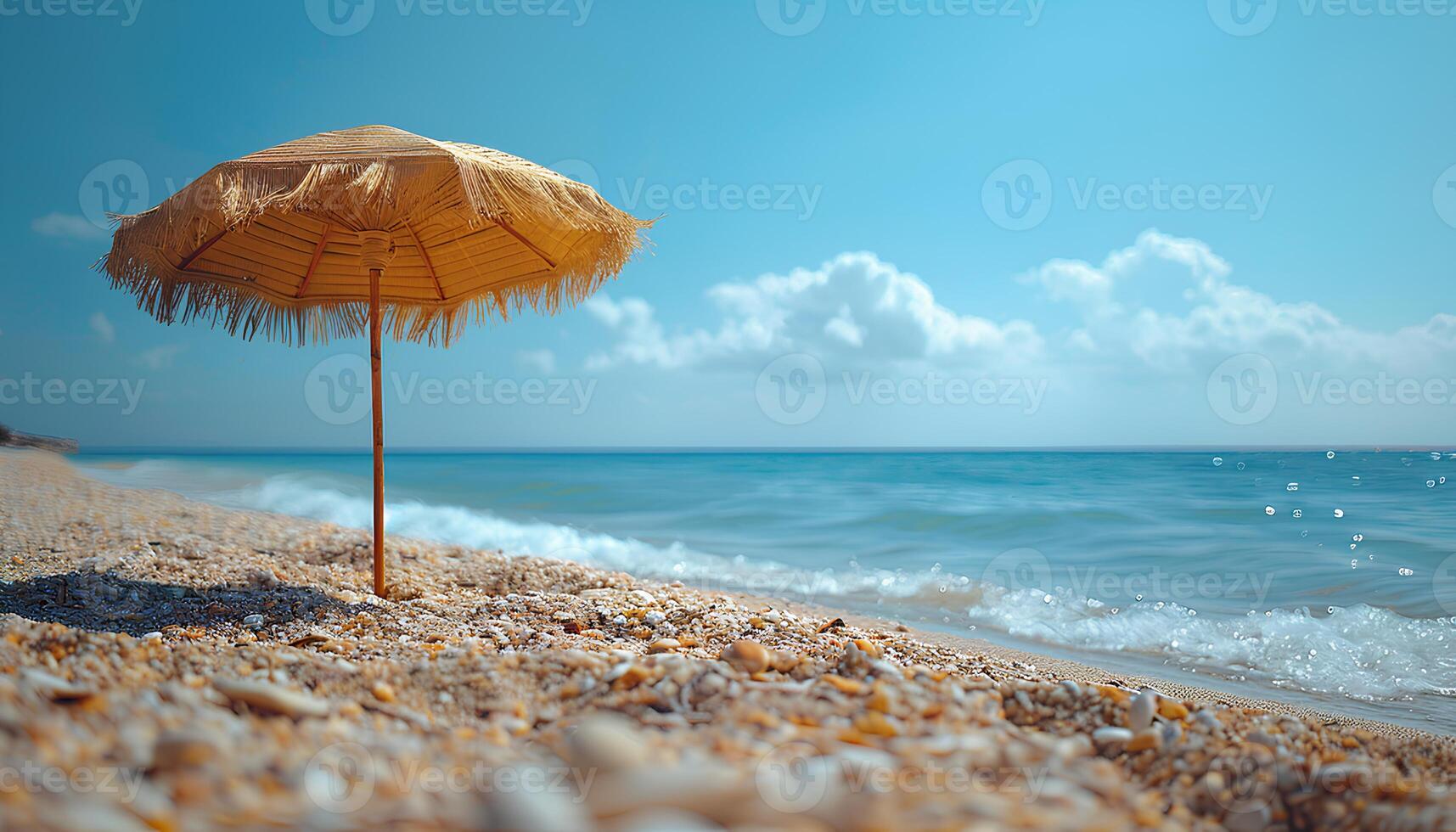 ai generiert Sonnenschirm auf das Strand während Sommer. Sonnenschirm zum Schatten Schutz auf ein sonnig Strand im ein tropisch Ziel mit Wellen abstürzen das Strand. tropisch Ziel foto