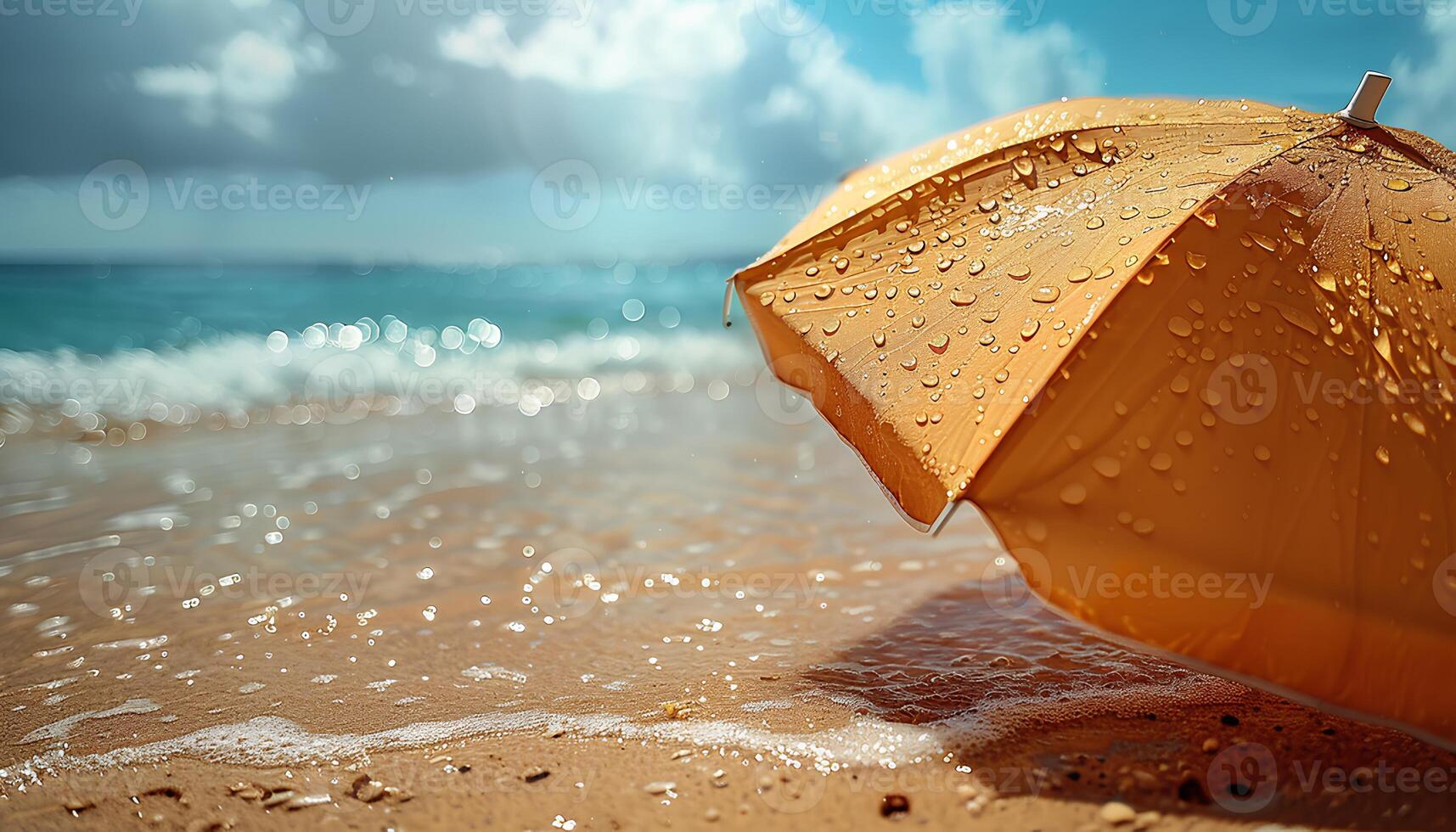 ai generiert Sonnenschirm auf das Strand während Sommer. Sonnenschirm zum Schatten Schutz auf ein sonnig Strand im ein tropisch Ziel mit Wellen abstürzen das Strand. tropisch Ziel foto