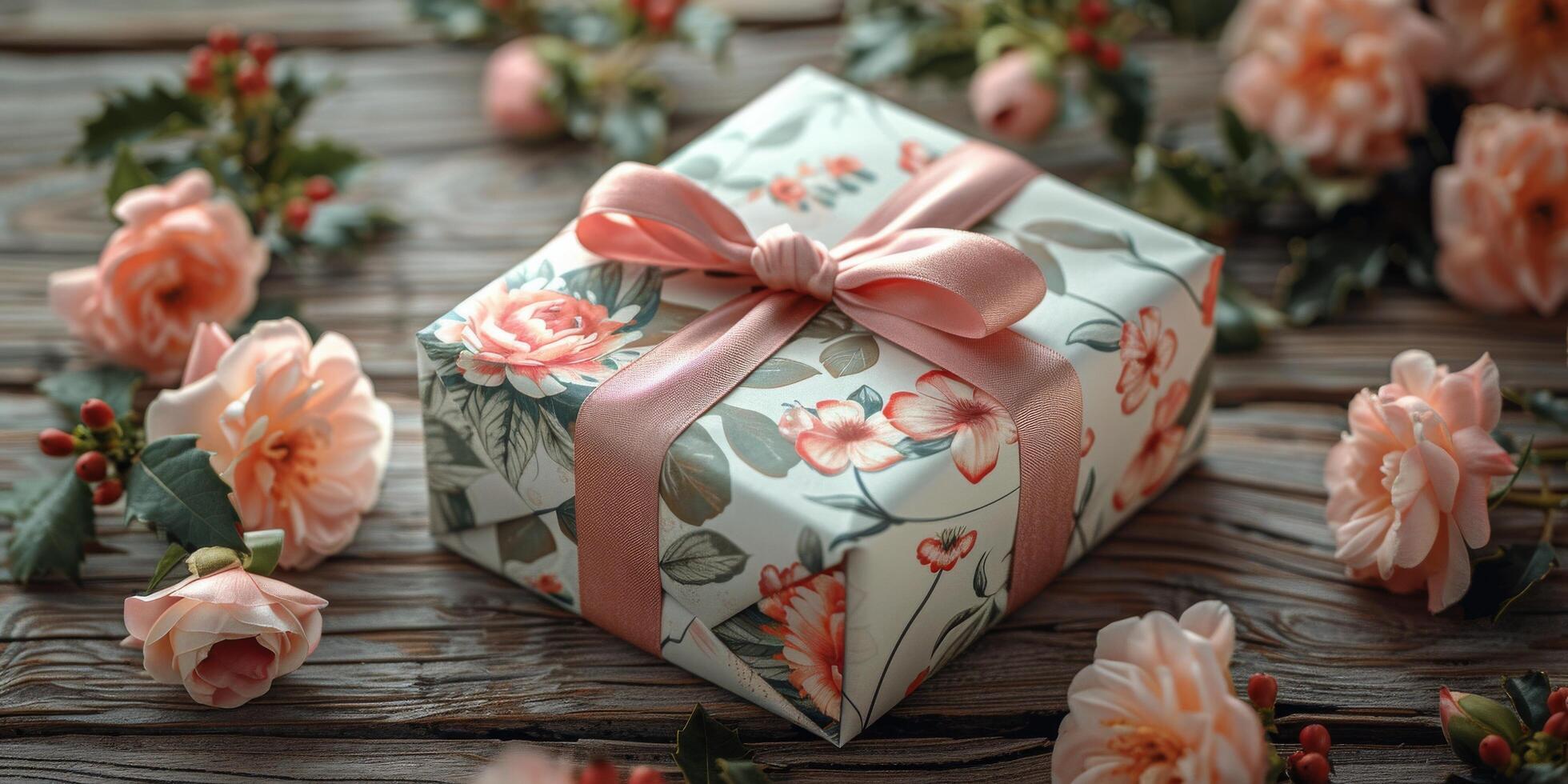 ai generiert Geschenk Box geschmückt mit Rosa Band und Blumen foto