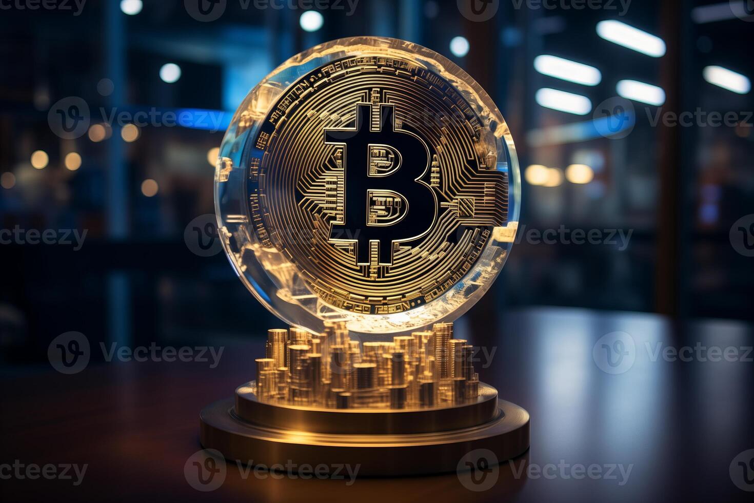 ai generiert ein Bitcoin Kristall Trophäe glänzt auf ein Tisch, Gießen ein faszinierend Licht wie es symbolisiert Leistung und Erfolg im das Welt von Kryptowährung. foto