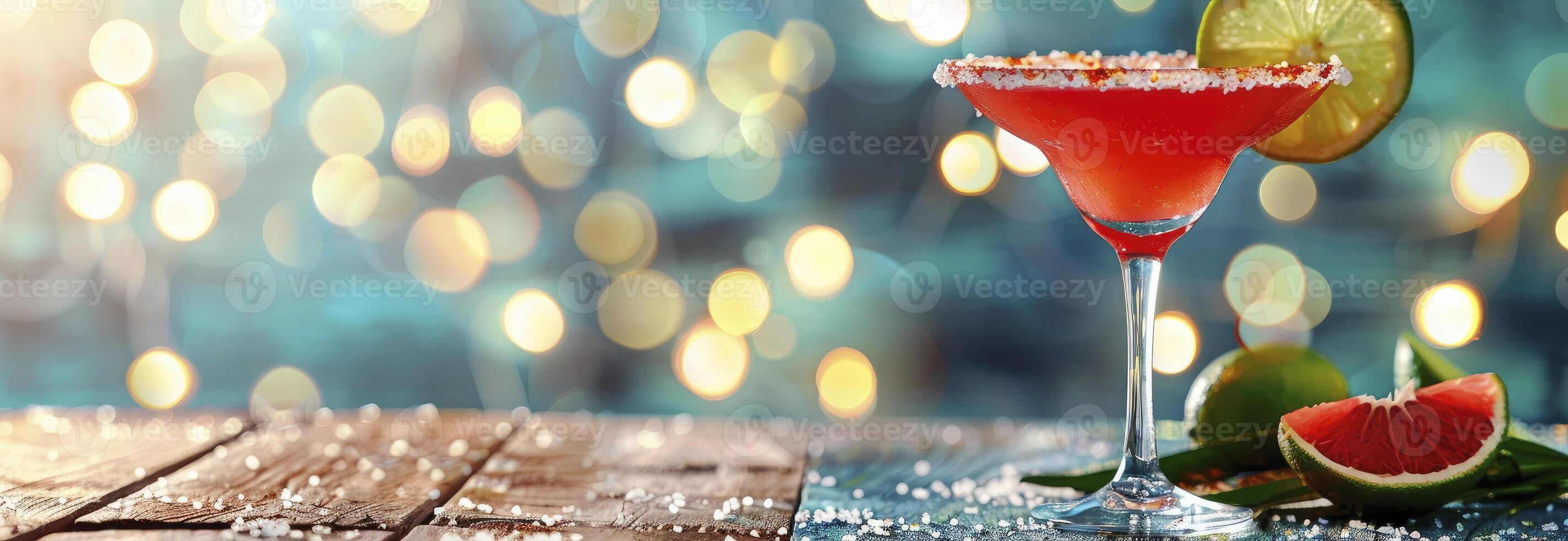 ai generiert ein rot Margarita im ein Martini Glas mit ein gesalzen Rand auf ein hölzern gegen ein Bokeh Hintergrund foto