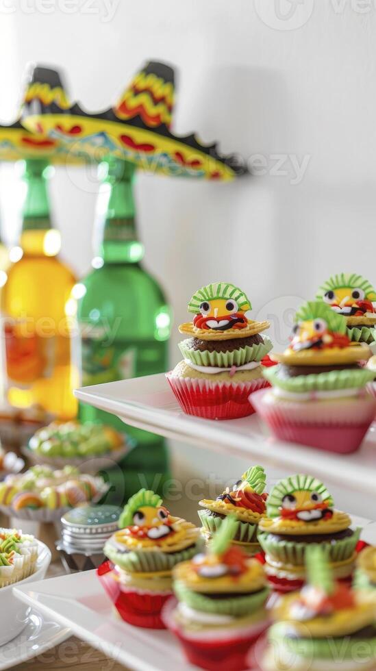 ai generiert cinco de mit Mayo-Motiven Party mit hell Grün Flaschen mit Sombreros. foto