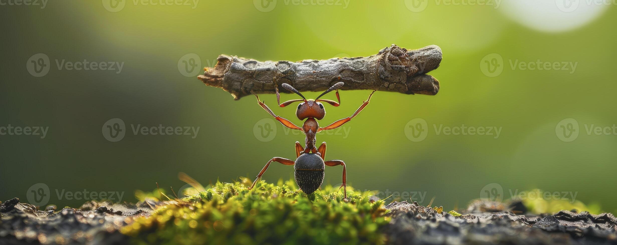 ai generiert Ameise halten oben ein Stück von Holz Über es ist Kopf, Stehen auf moosig Boden gegen ein Grün Hintergrund. foto