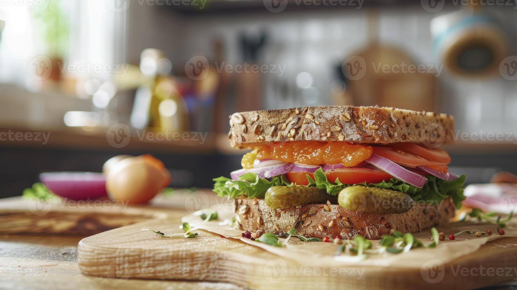 ai generiert Komfort Essen hausgemacht Sandwich mit pikant Orange Ausbreitung, gekrönt mit Zwiebel, Tomate, und Gurken, im ein gemütlich Zuhause Küche Rahmen foto