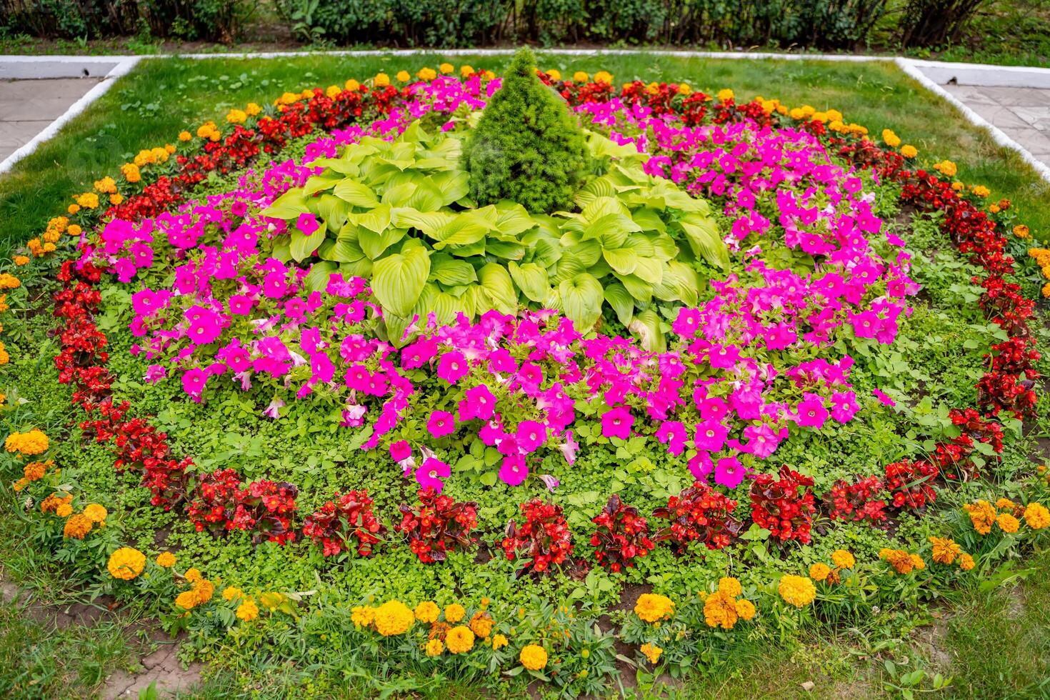 bunt Blumen im das Garten. abgeschnitten Foto. Sommer- Landschaft. Rosa, Gelb Weiß Blumen und Grün Gras. foto