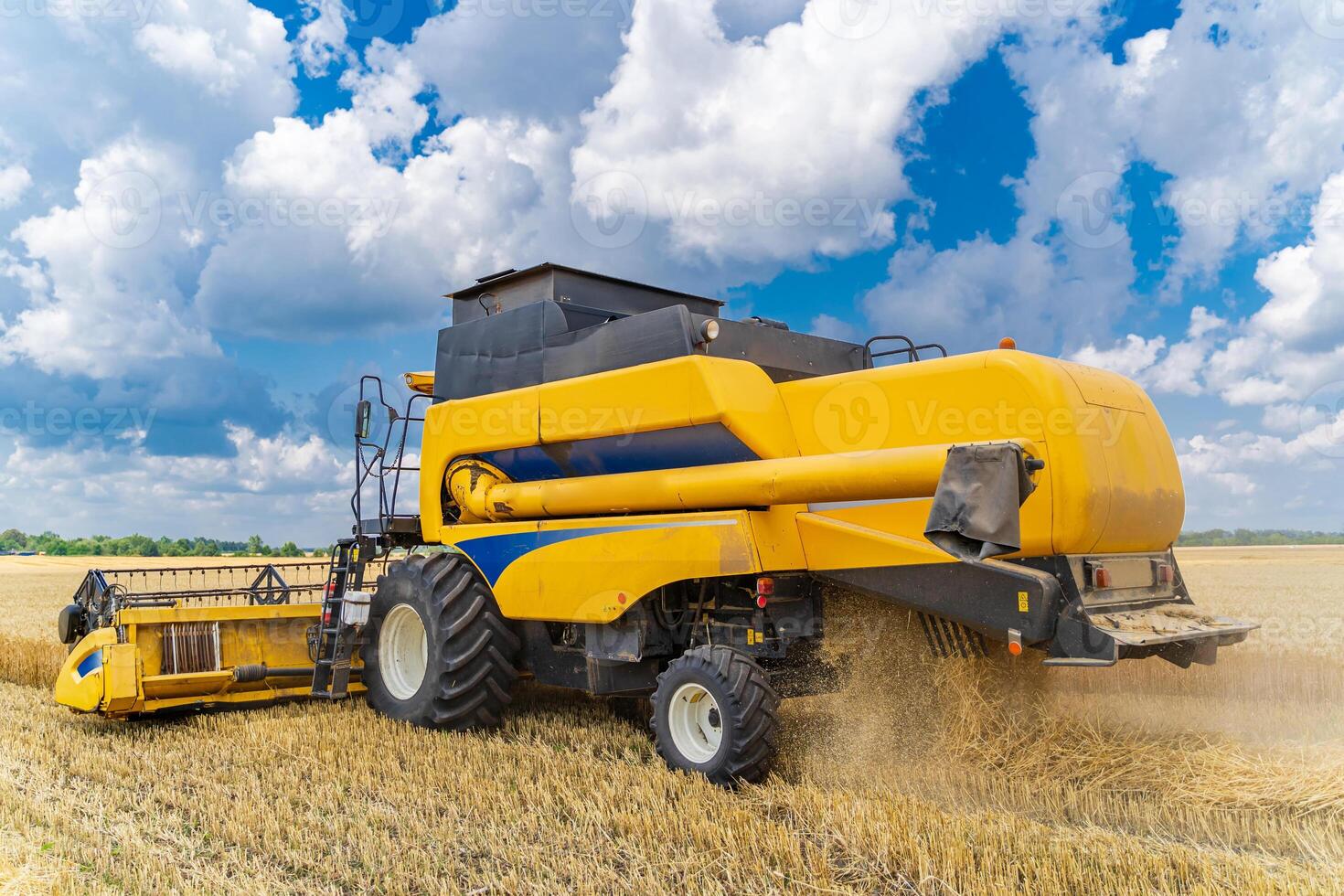 Prozess von Versammlung ein reif Ernte von das Felder. kombinieren Mähdrescher im Aktion auf Weizen Feld. Nahansicht foto