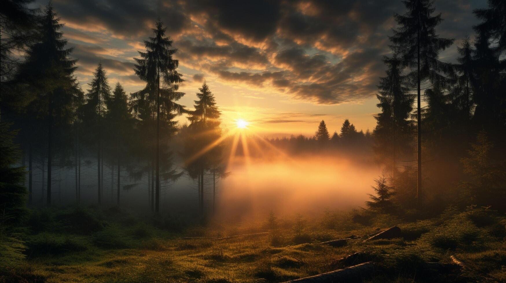 ai generiert mysteriös Sonnenaufgang im das Wald Hintergrund foto