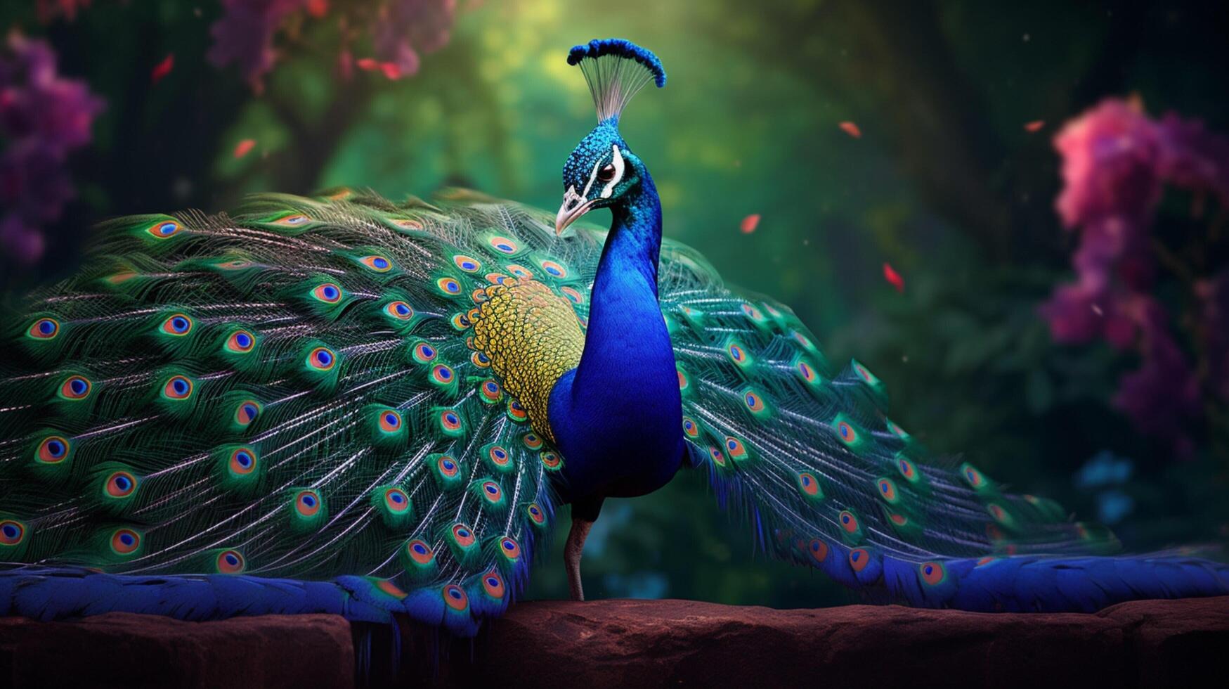 ai generiert ein Pfau ist Stehen im Vorderseite von Blumen foto