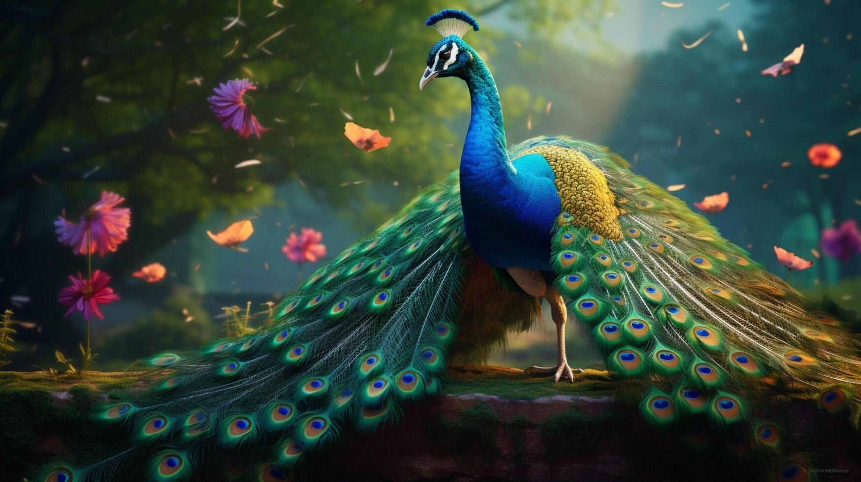 ai generiert ein Pfau mit bunt Gefieder und Blumen foto