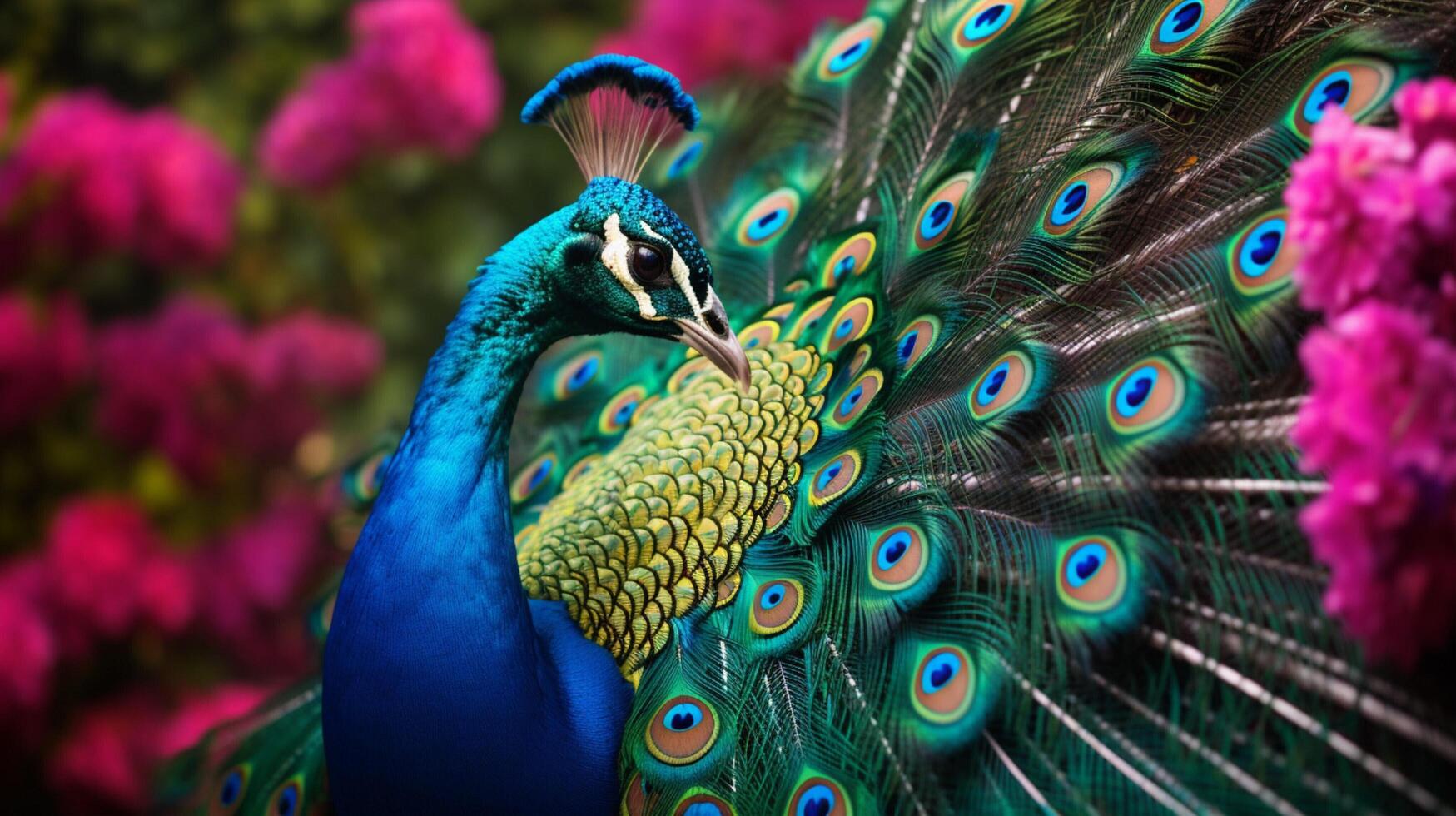 ai generiert ein Pfau mit bunt Gefieder und Blumen foto