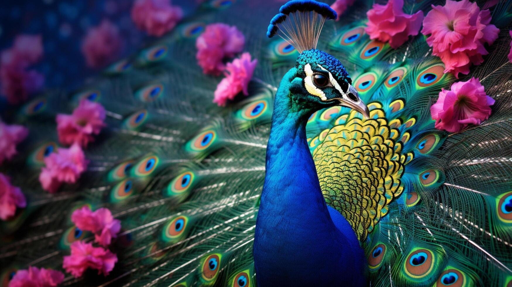 ai generiert ein Pfau mit bunt Gefieder und Blumen foto