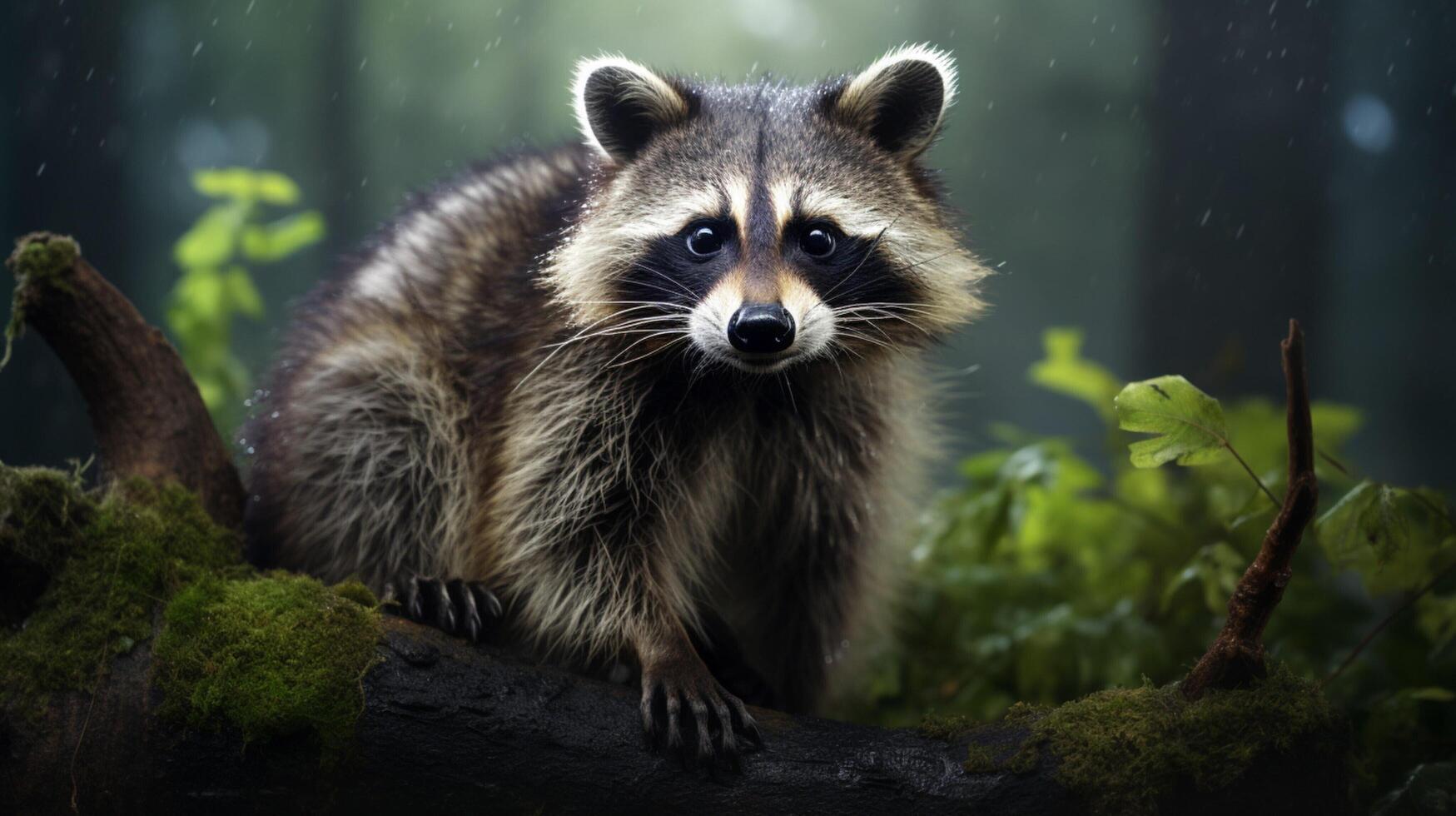 ai generiert ein Waschbär Sitzung auf ein Felsen im das Wald foto