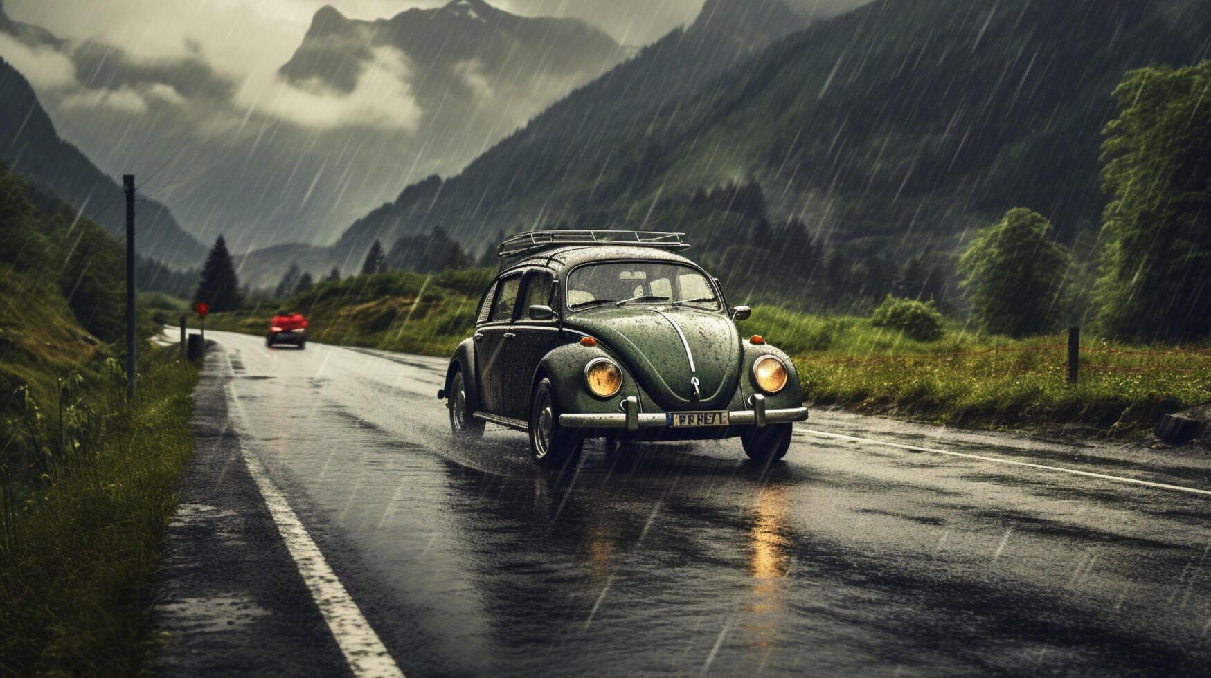 ai generiert regnerisch Auto Abenteuer Hintergrund foto