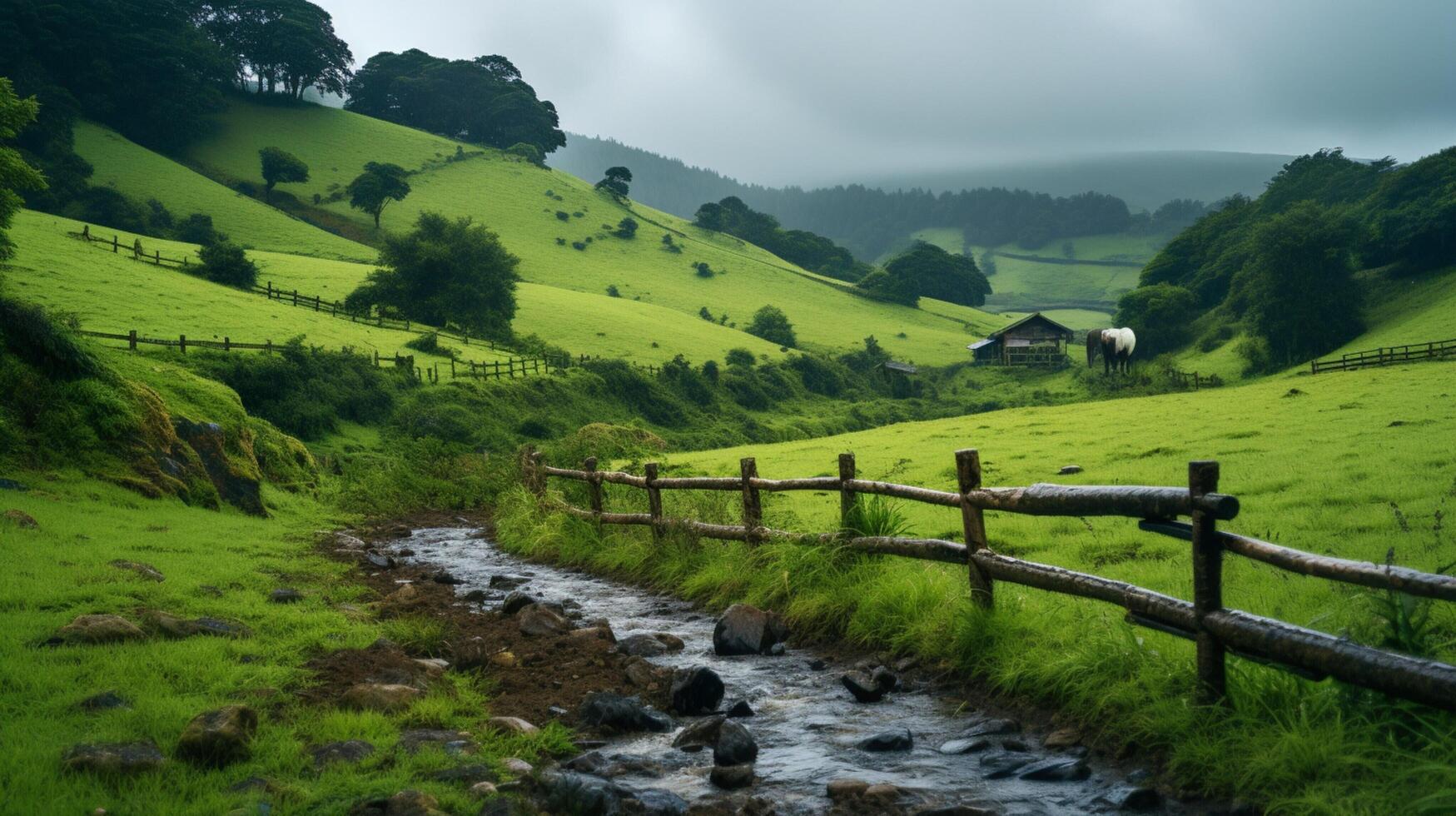 ai generiert regnerisch Landschaft Wanderungen Hintergrund foto