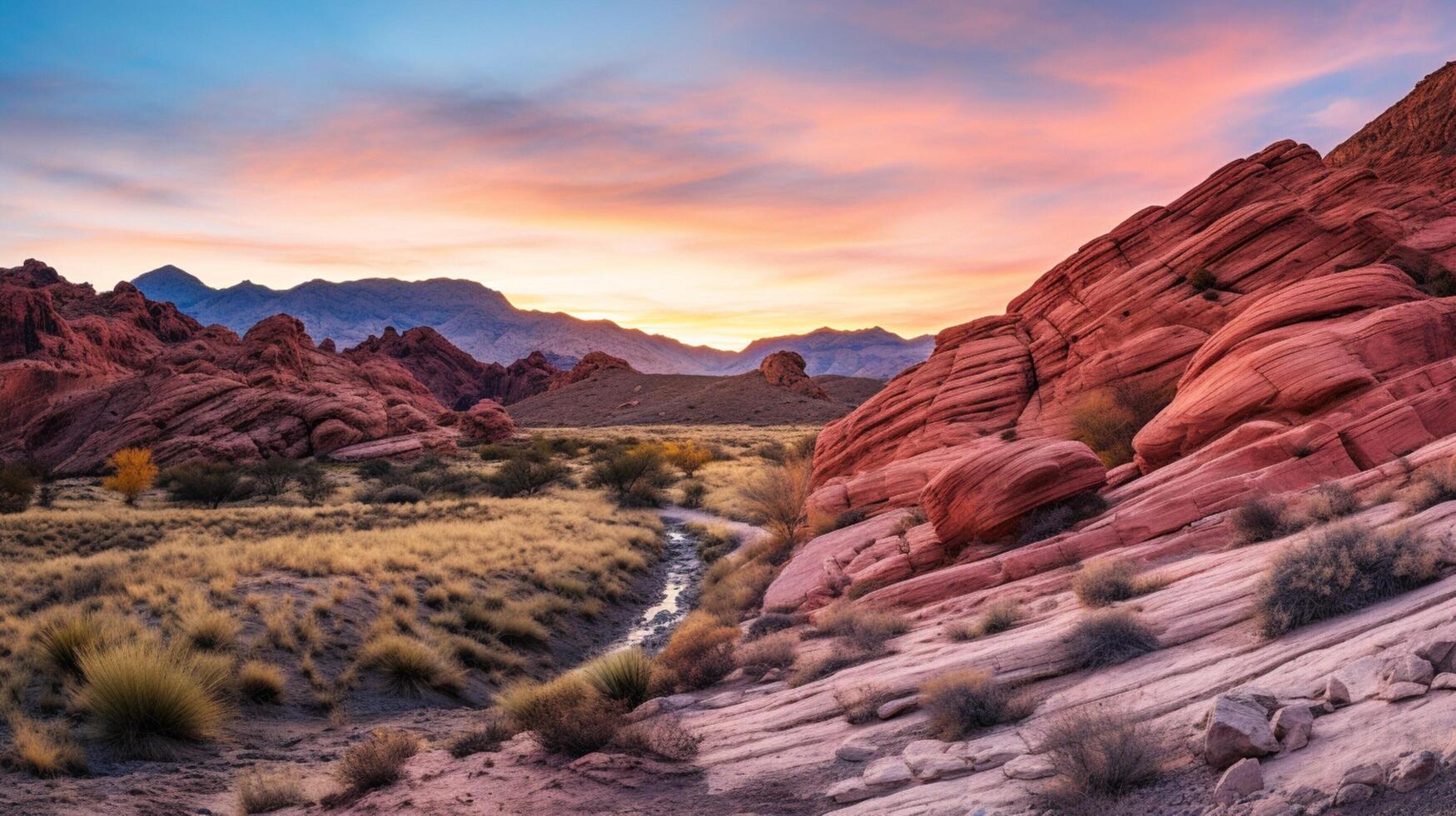 ai generiert rot Felsen Schlucht beim Sonnenaufgang Landschaft Hintergrund foto