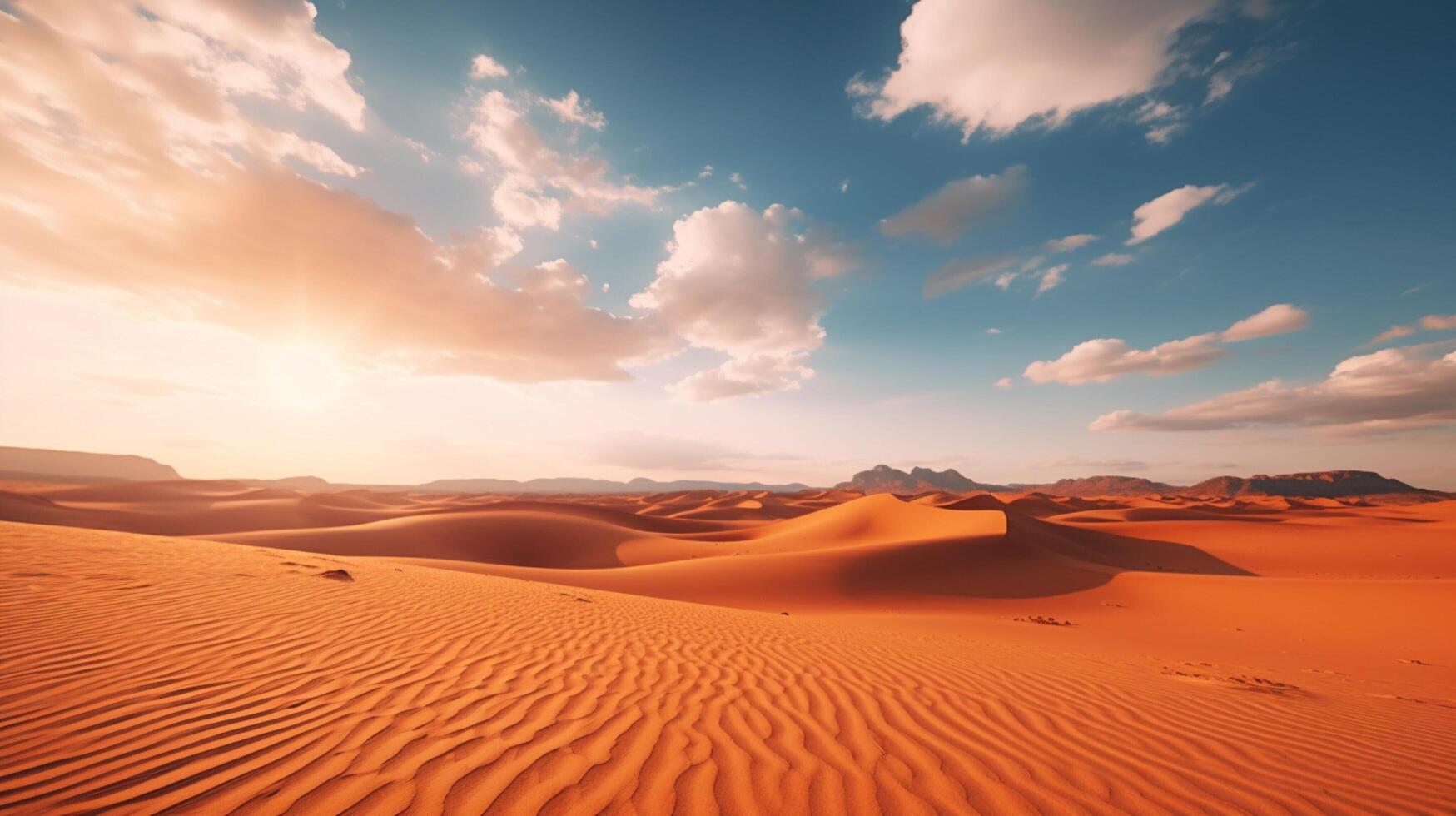 ai generiert Wüste Landschaft mit Sand Dünen und Berge beim Sonnenuntergang foto