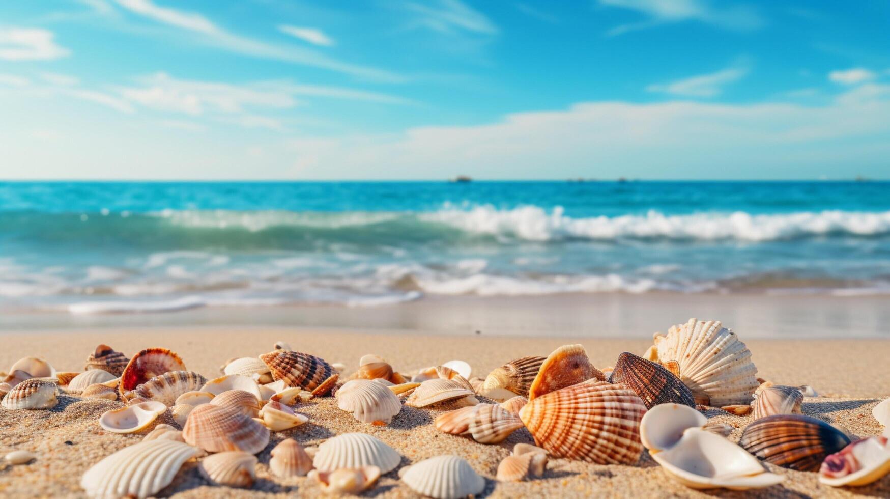 ai generiert Muscheln auf das Strand Hintergrund foto