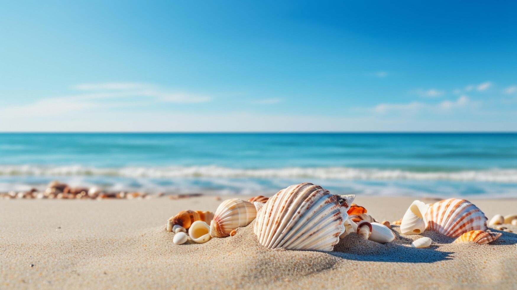 ai generiert Muscheln auf das Strand Hintergrund foto