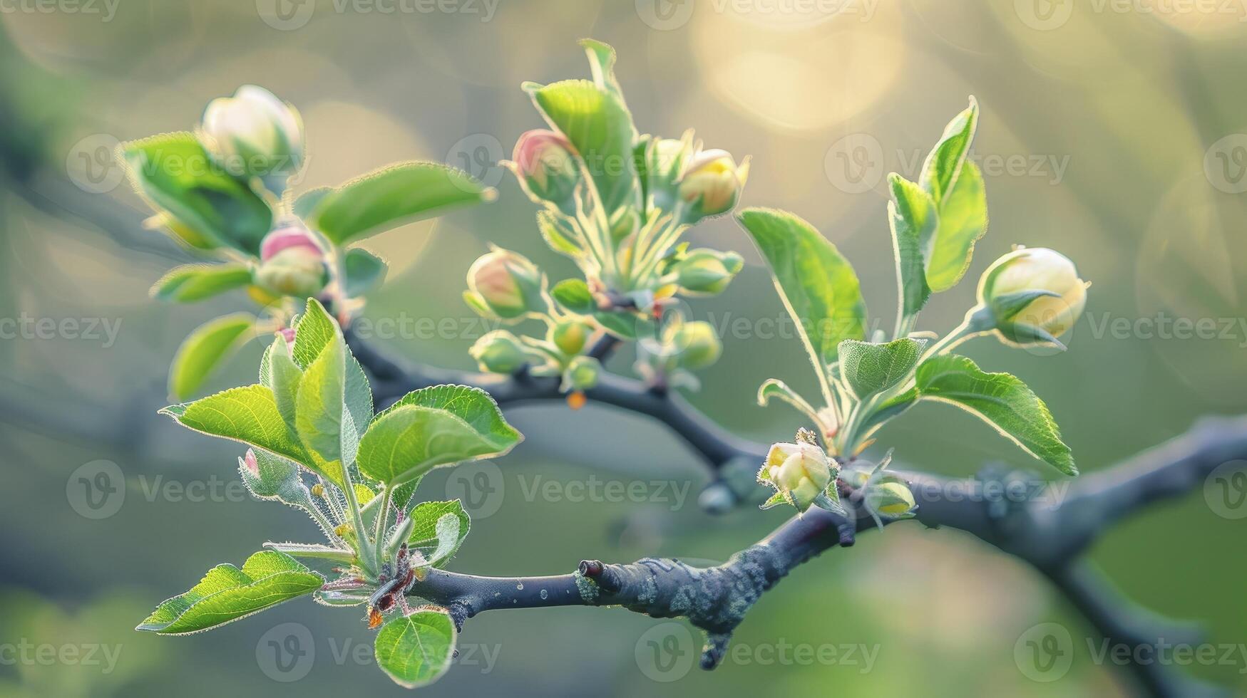 ai generiert Apfel Baum Ast mit jung Knospen foto