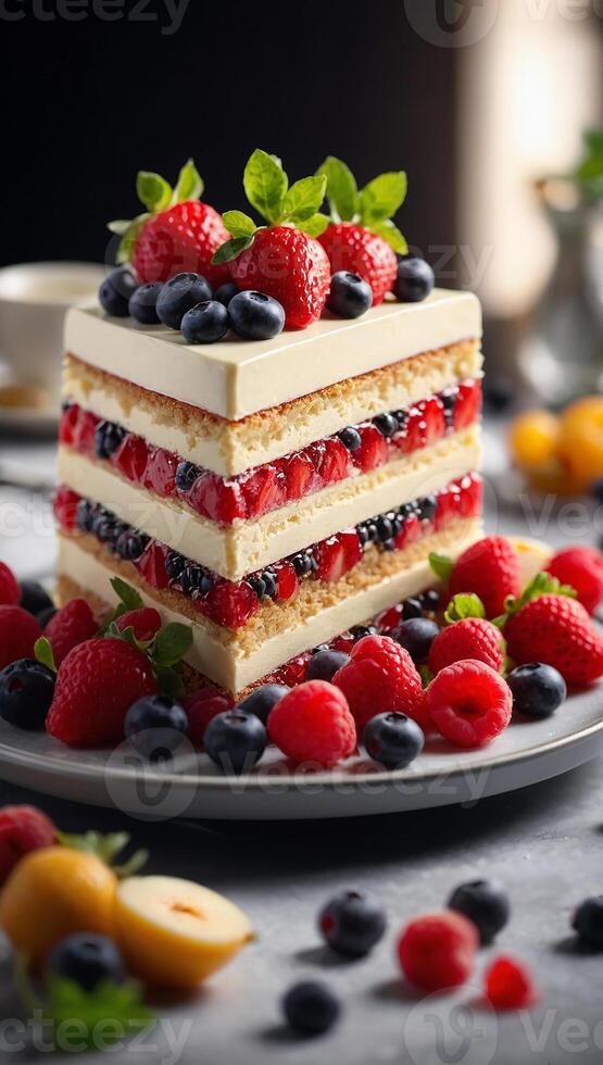 ai generiert schließen oben Dessert Kuchen mit Obst foto