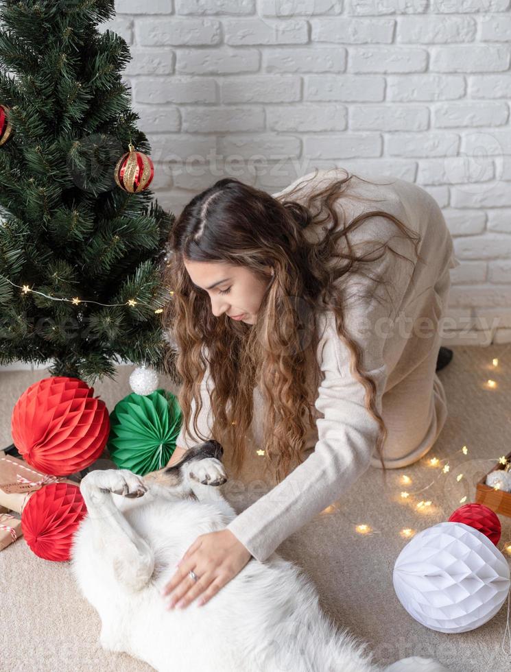 junge attraktive Frau, die den Weihnachtsbaum schmückt und mit Hunden spielt foto