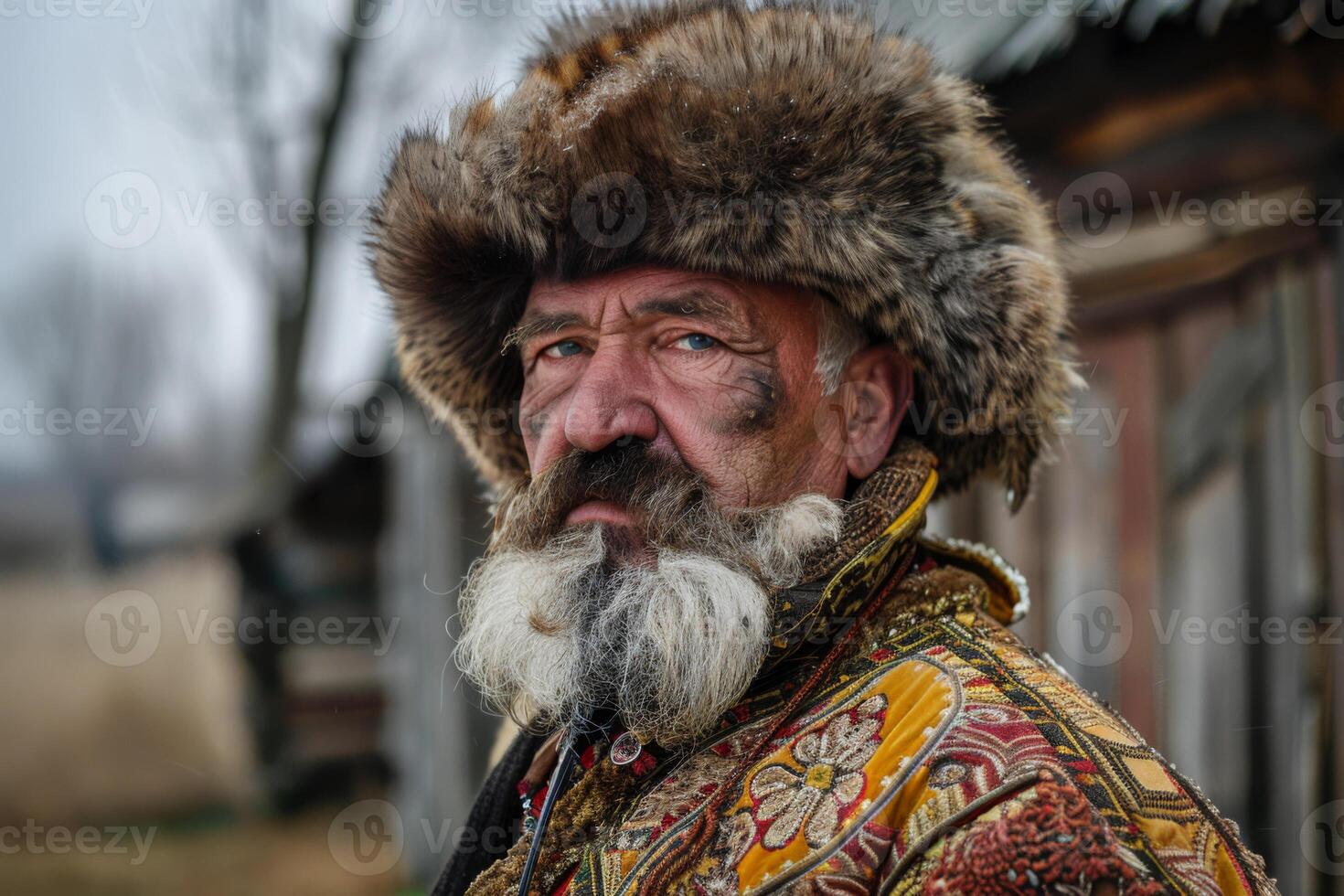 ai generiert Kosaken Mann im traditionell ukrainisch oder Russisch Kostüm mit Bart und Pelz Hut foto