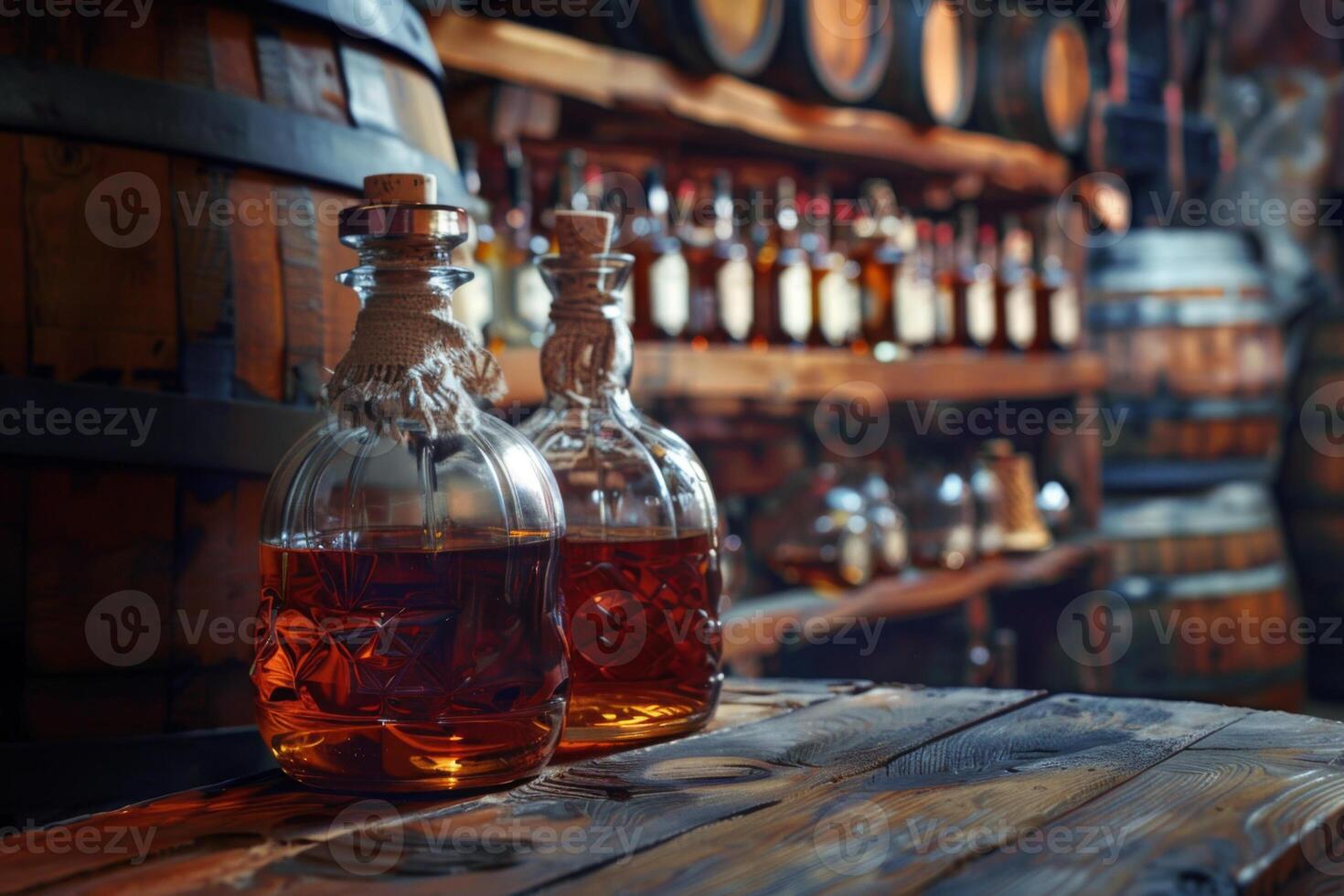 ai generiert Jahrgang Whiskey Flaschen auf ein hölzern Bar mit alt Fässer und ein rustikal Atmosphäre foto