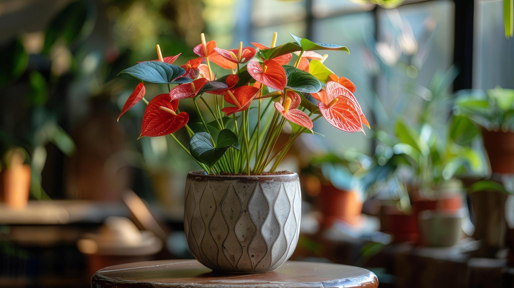 ai generiert rot Anthurium Pflanze im ein Weiß Topf foto