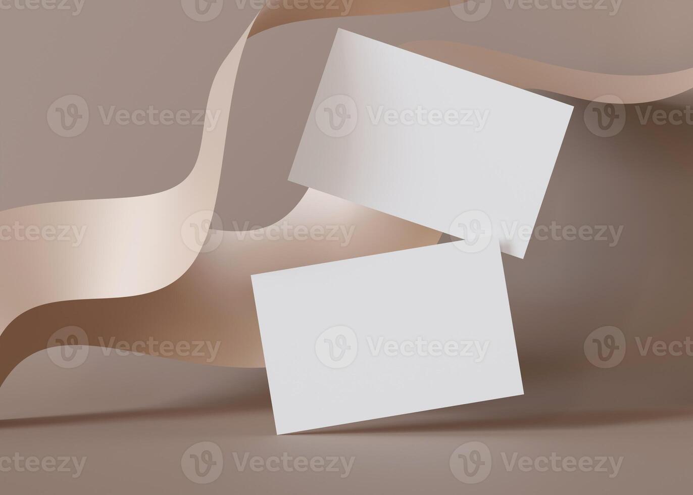 zwei leer Geschäft Karten schwebend Über ein wellig Beige Hintergrund, perfekt zum Designer zu Anzeige korporativ Identität oder Branding. Geschäft Karte Attrappe, Lehrmodell, Simulation. europäisch Größe 3,25 x 2,17 Zoll. Besuch Karte. 3d. foto