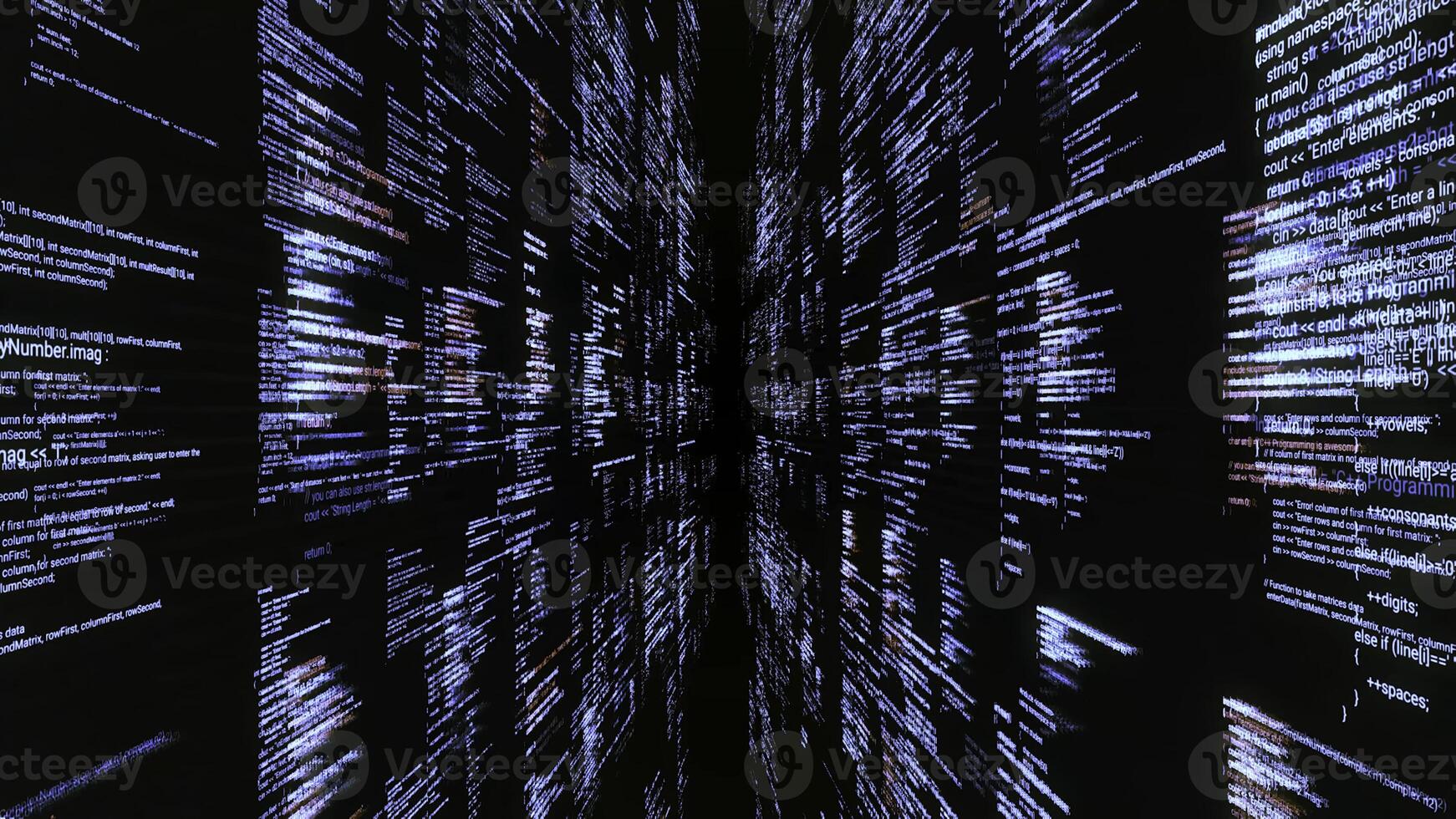 Quelle Codes im Cyberspace auf schwarz Hintergrund. Animation. tauchen in Cyberspace mit Wände von Quelle Code. Zugriff zu Matrix durch Software mit Codes foto