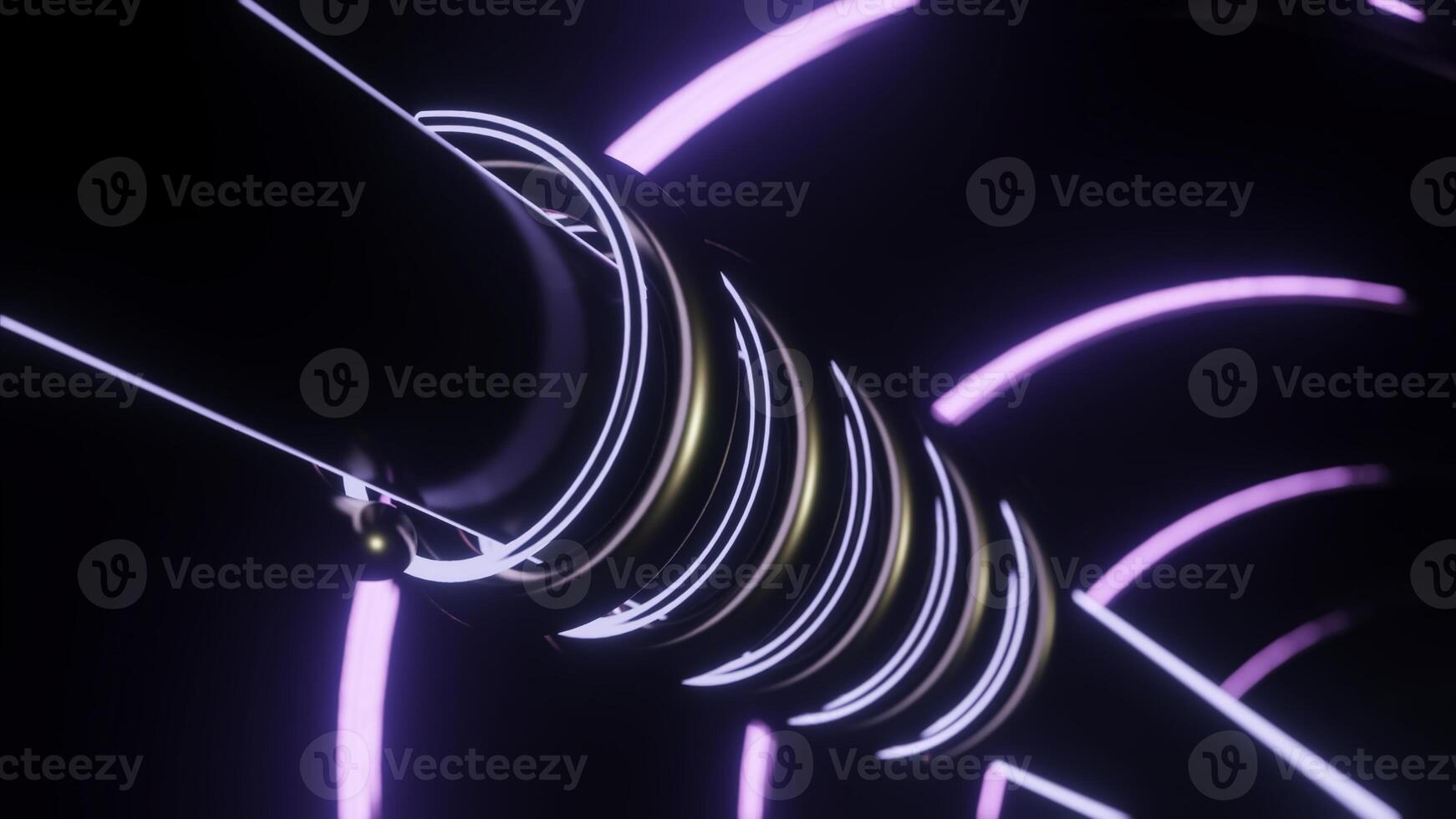 glühend Linien drehen um Rohr. Design. Metall Tube mit ziehen um Spiralen von Neon- und Metall Rohre. mechanisch Teil mit ziehen um Teile und rotierend Neon- Röhren foto