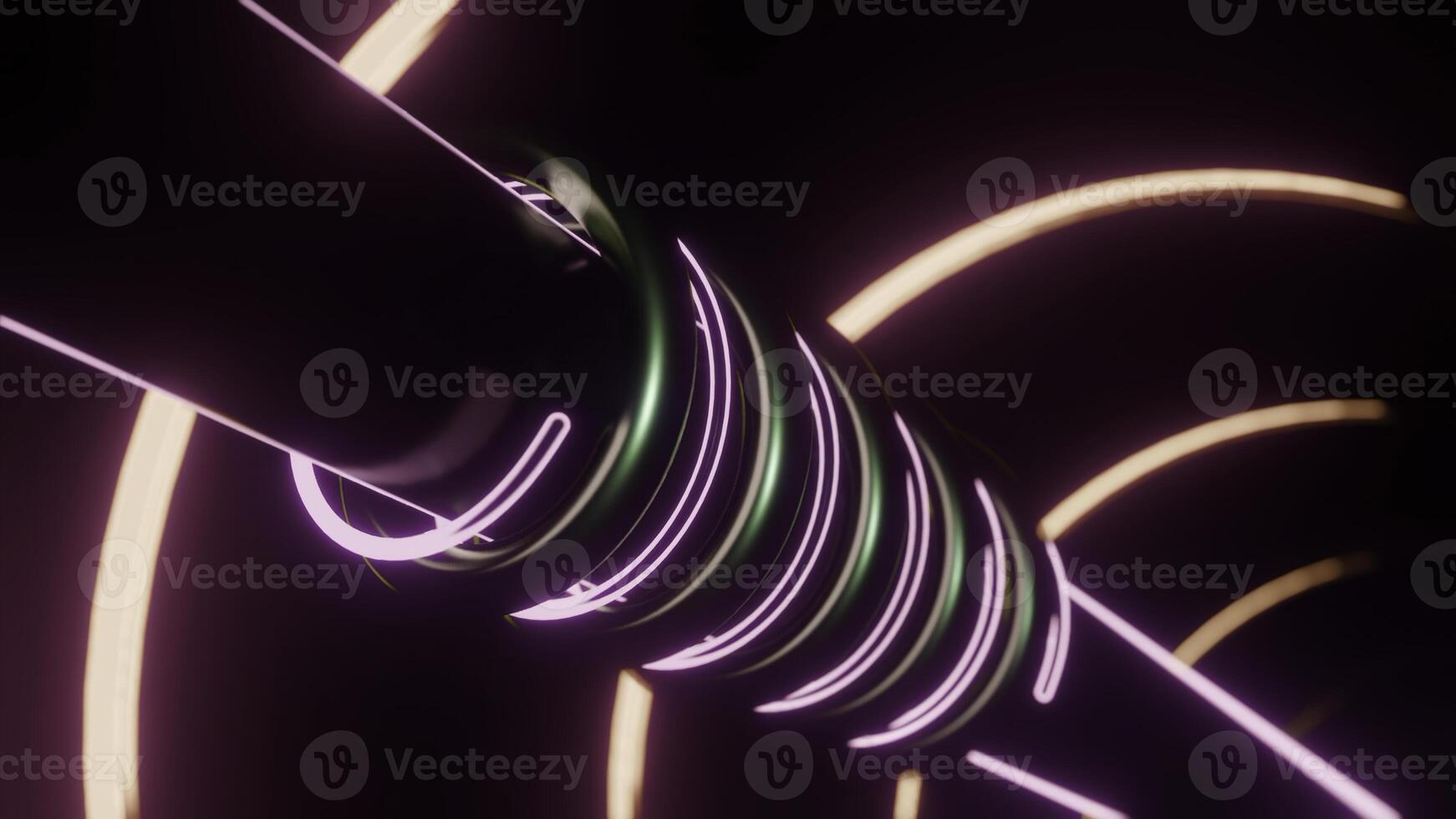 glühend Linien drehen um Rohr. Design. Metall Tube mit ziehen um Spiralen von Neon- und Metall Rohre. mechanisch Teil mit ziehen um Teile und rotierend Neon- Röhren foto