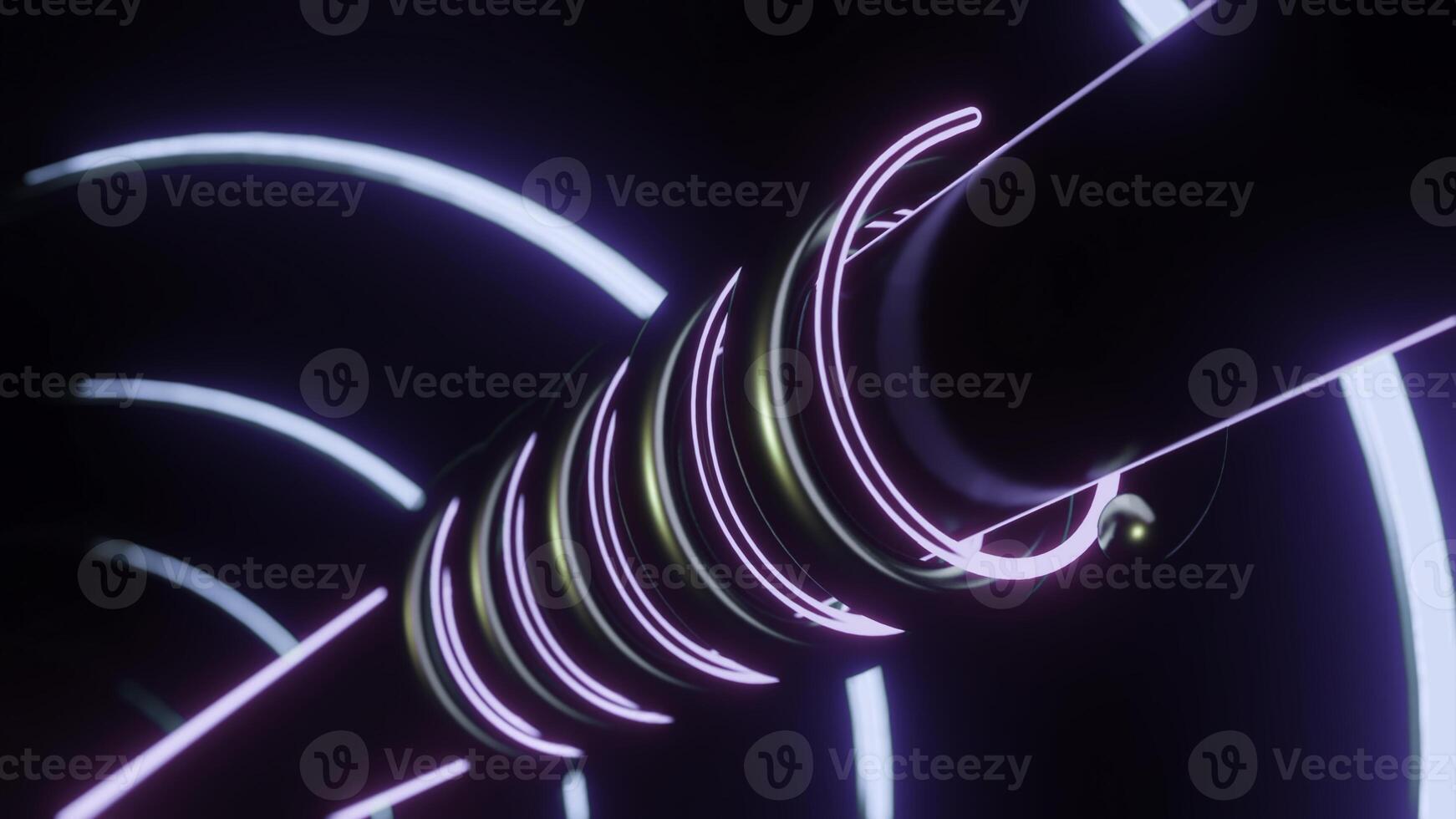 Animation von rotierend Röhren mit Kolben. Design. mechanisch Struktur mit rotierend Röhren um Stange. Tunnel mit Metall Rohr und ziehen um Neon- Linien foto