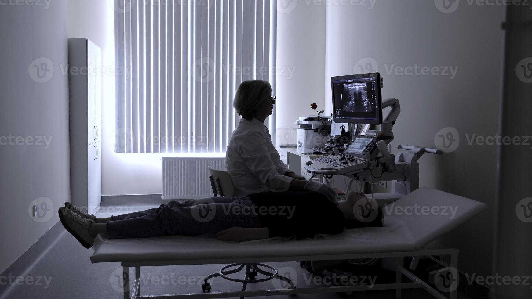 Ultraschall Diagnose von das Schilddrüse Drüse von ein jung Frau im das Klinik. Clip. ein weiblich Arzt hält ein Ultraschall Sonde. foto